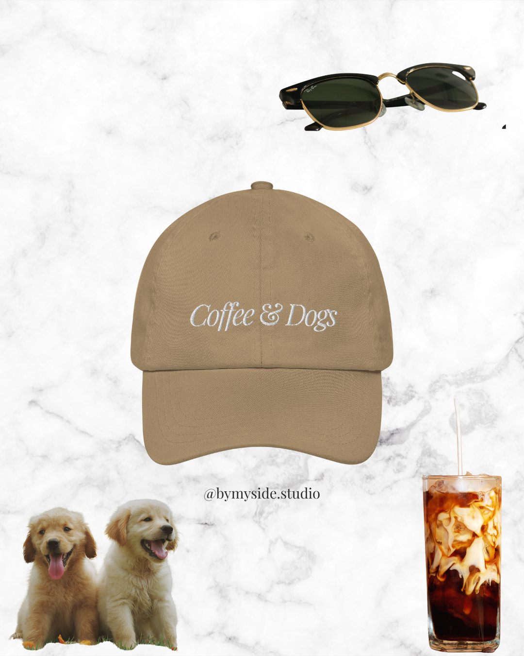 Beige baseball cap with "Coffee & Dogs" text, accompanied by sunglasses, two golden retriever puppies, and an iced coffee.