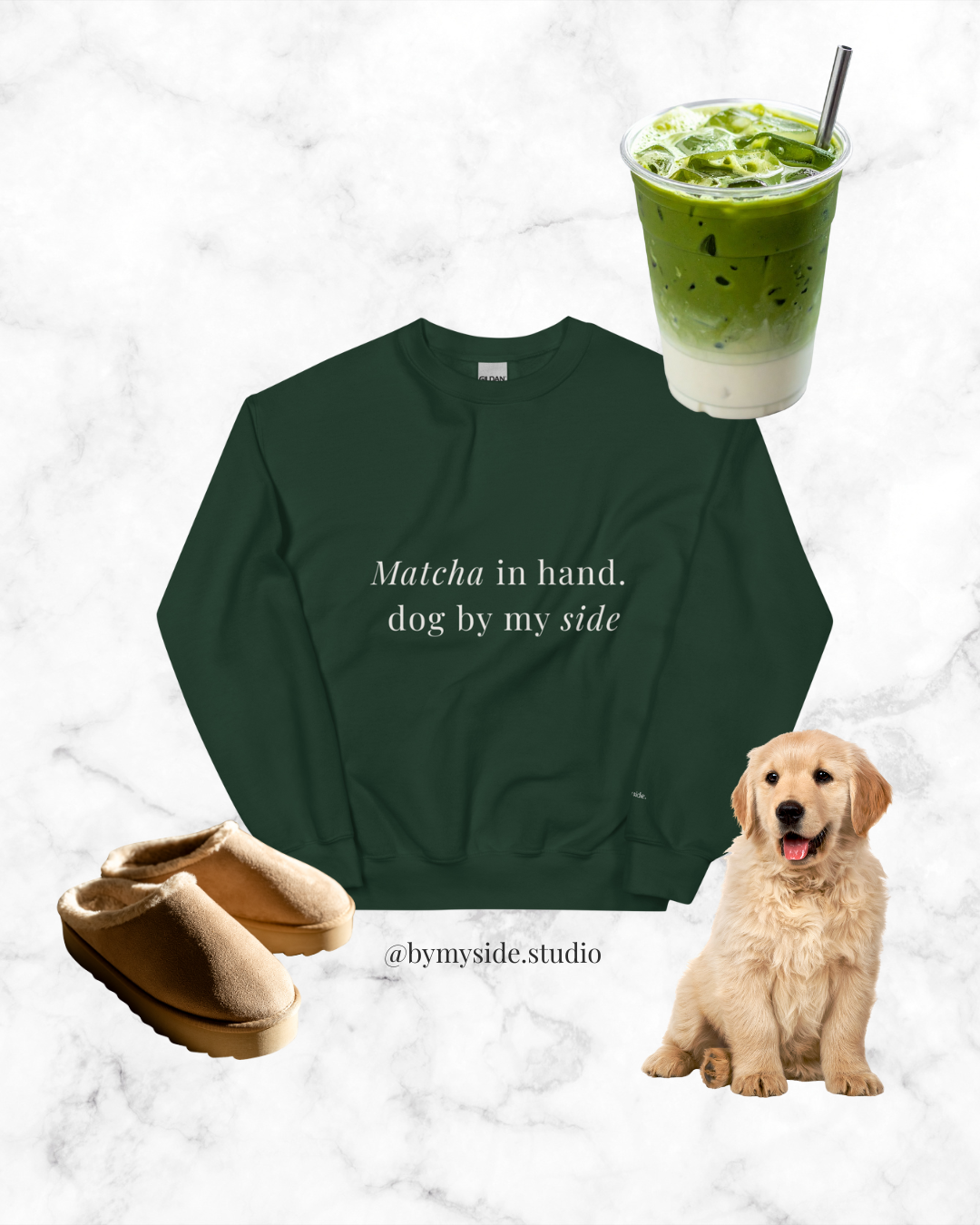 Dark green crewneck featuring "Matcha in hand. dog by my side" text, paired with a golden retriever puppy, slippers, and i...