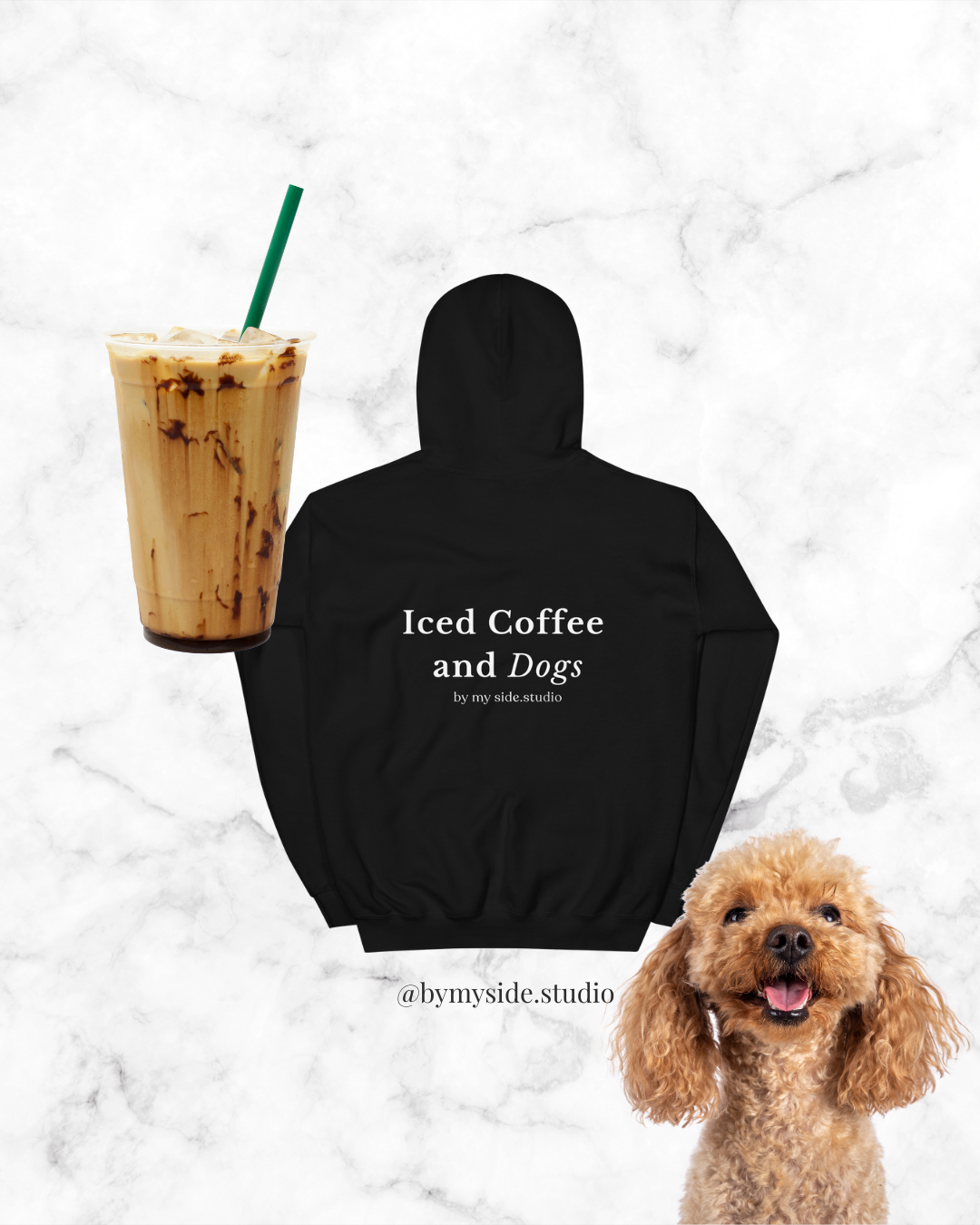Black hoodie featuring the text "Iced Coffee and Dogs" alongside an iced coffee drink and a dog.