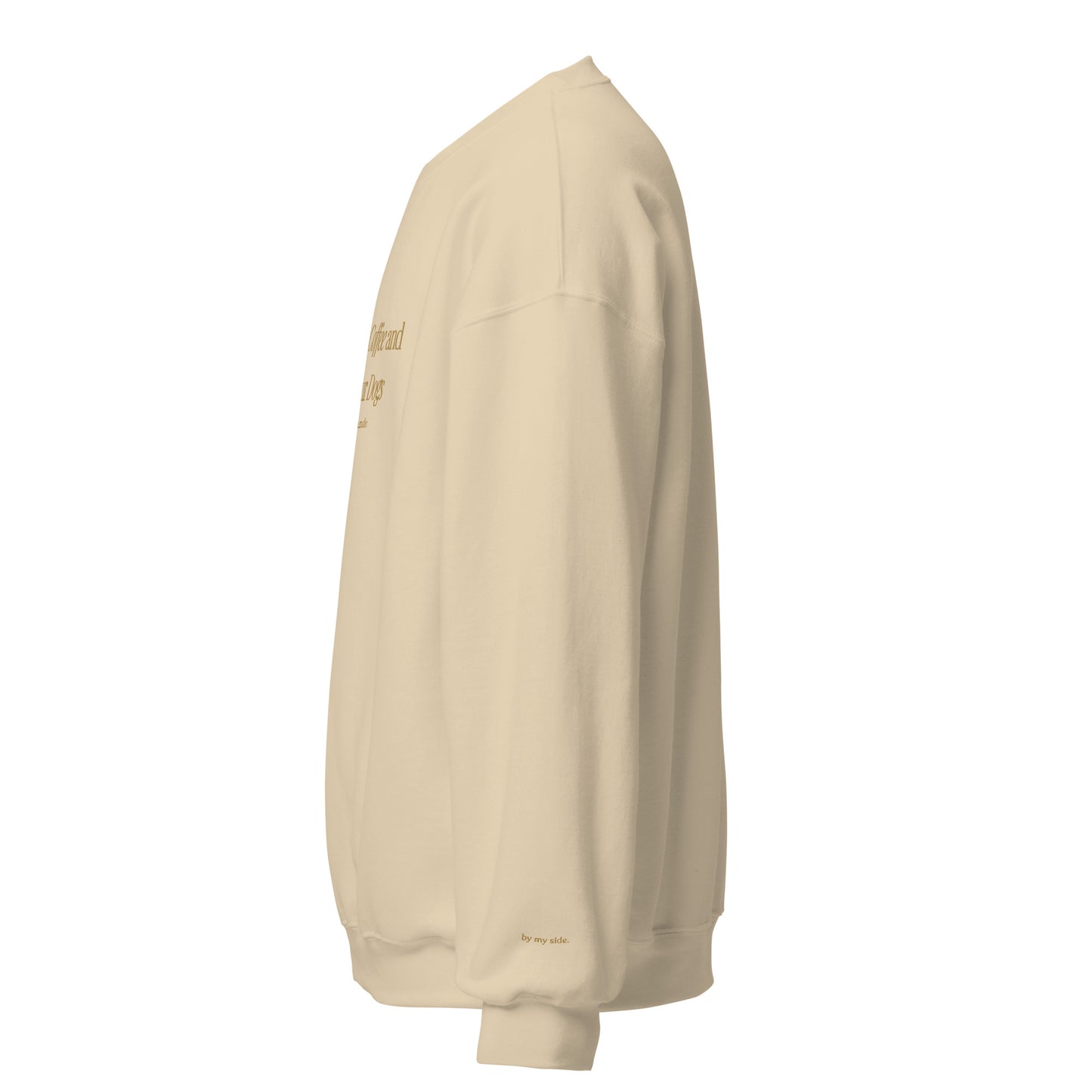Beige sweatshirt with text on the sleeve against a white background