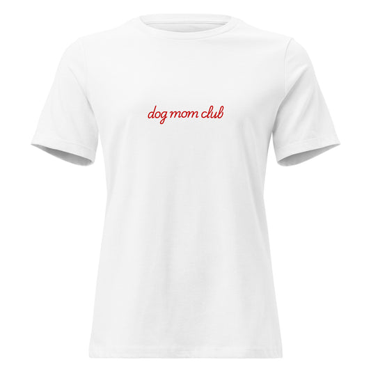 White t-shirt with 'dog mom club' text in red on a white background