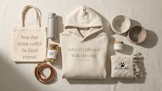 A minimal cozy shot of  let's get coffee and walk our dogs hoodie, tote, or a neutral dog-mom aesthetic