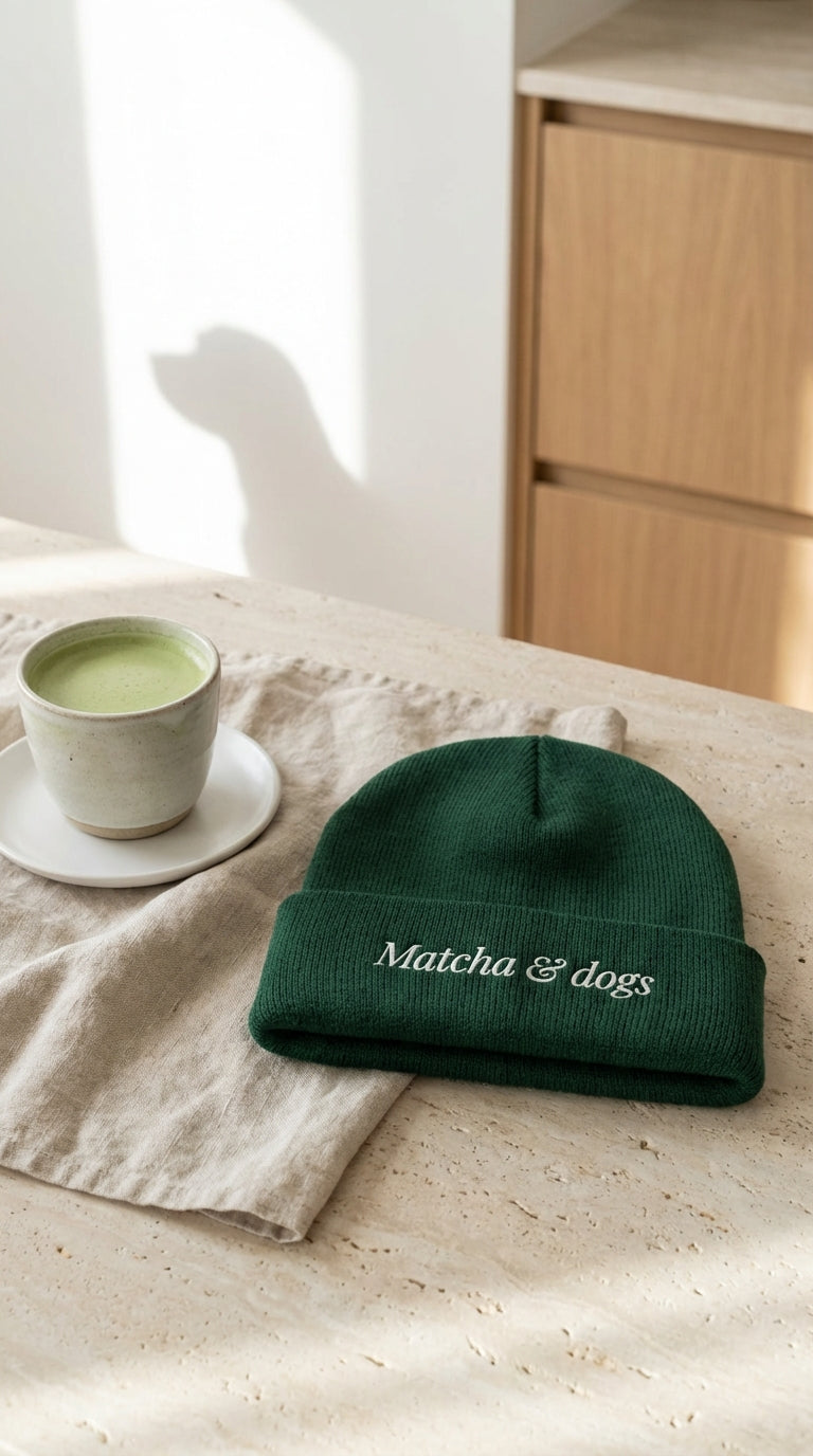 Green beanie with 'Matcha & dogs' text on a light surface next to a cup of matcha.