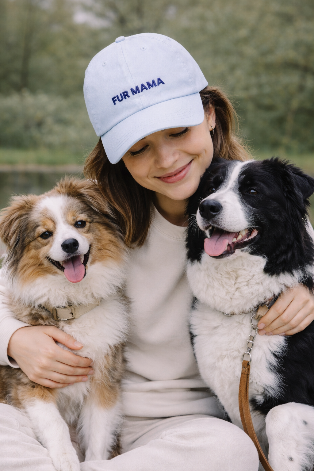 Woman wearing a 'FUR MAMA' cap with two dogs, one on each side, outdoors.