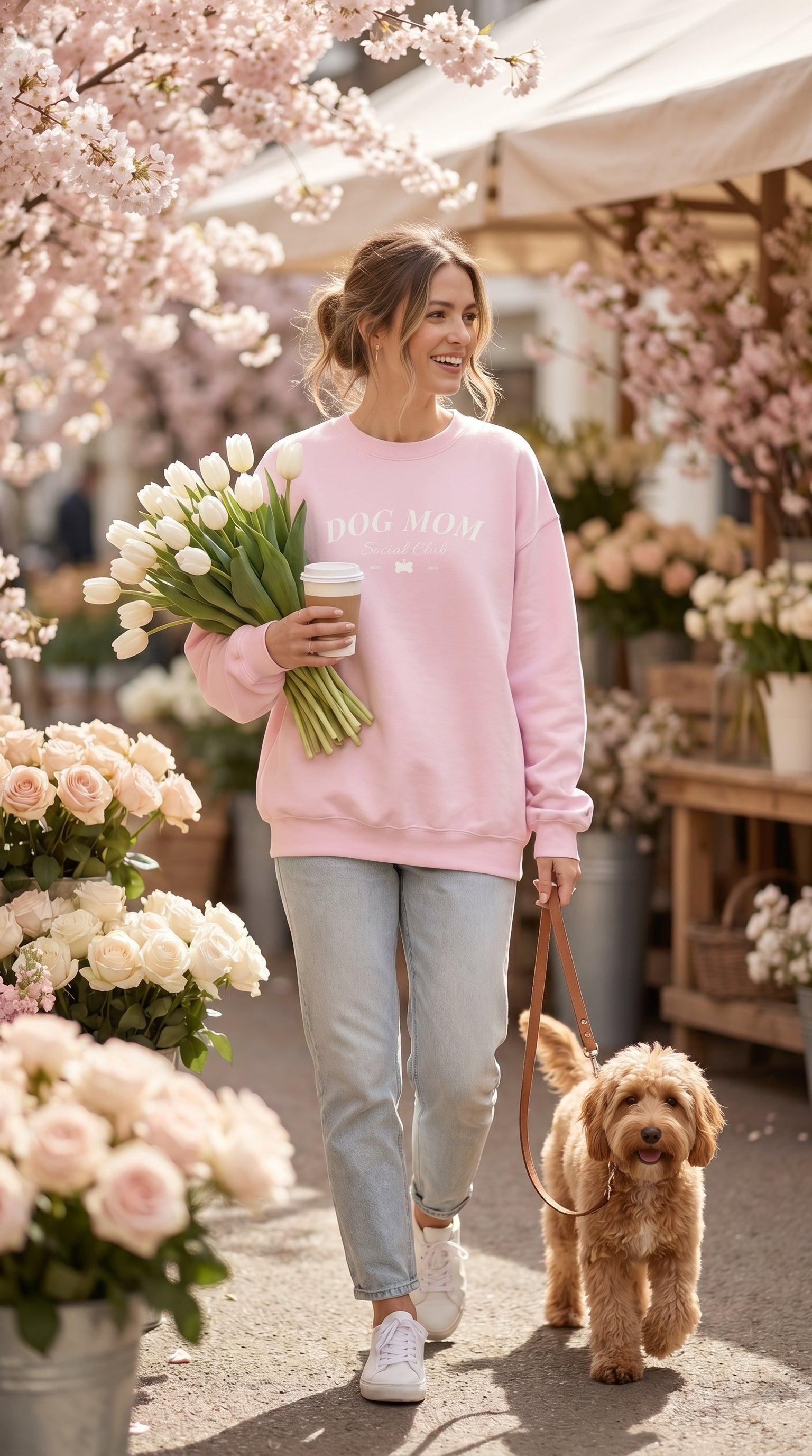 Woman in a pink sweatshirt walking a dog among flowers and market stalls.