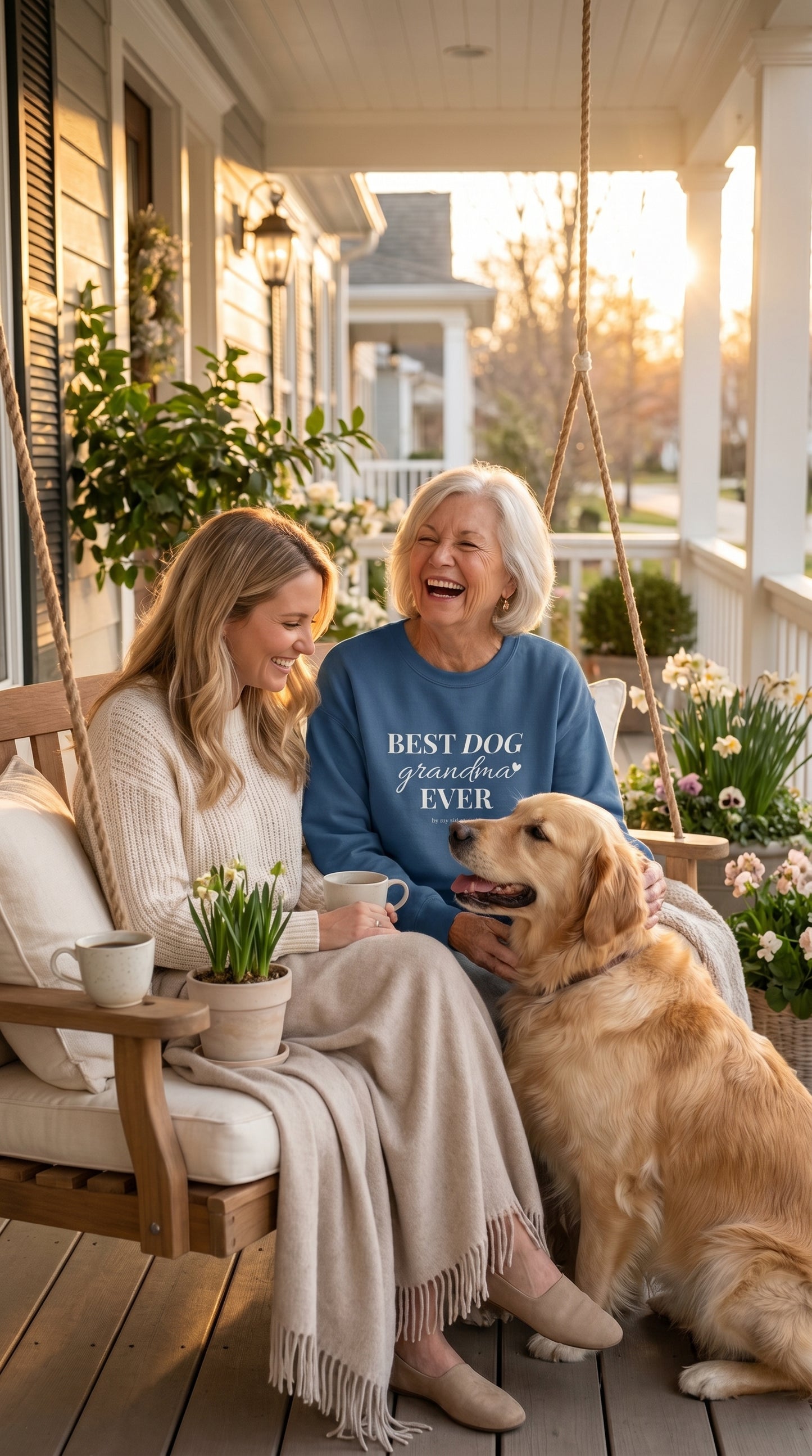 Older woman in a Best Dog Grandma crewneck sitting on a front porch at sunset with her adult daughter and their dog in a cozy spring atmosphere