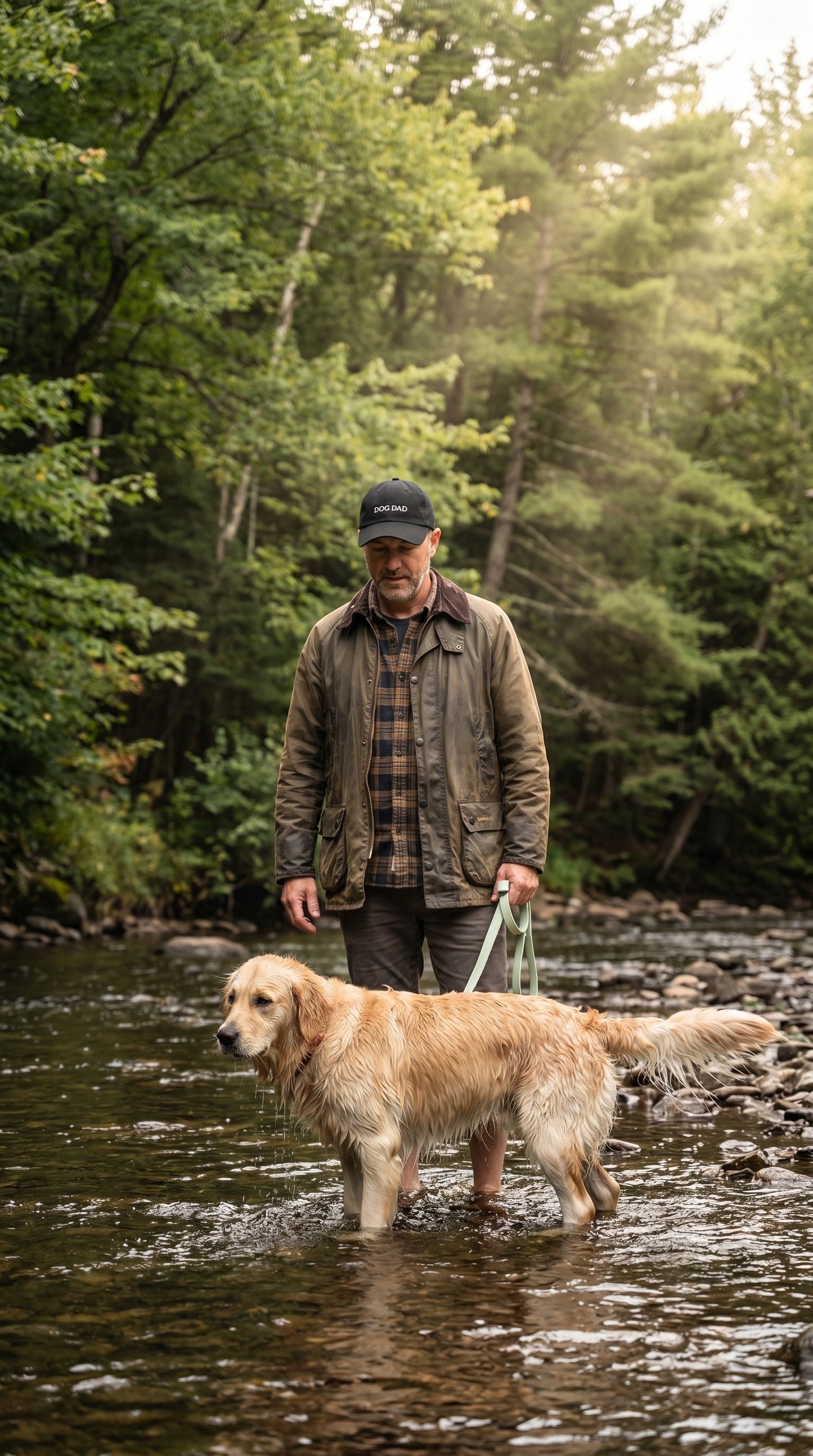 Man walking a dog through a river in a forested area