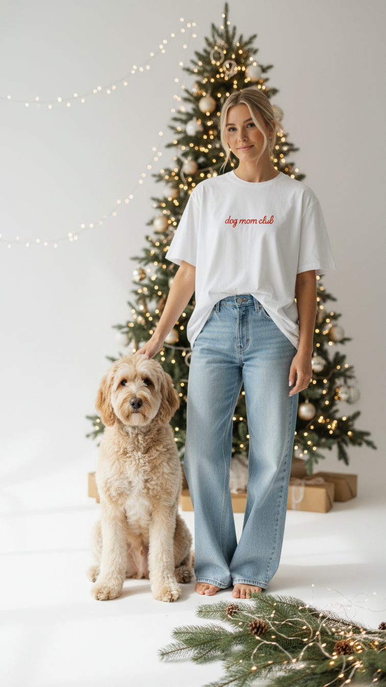 Woman in a white t-shirt and blue jeans standing next to a dog in front of a decorated Christmas tree. Dog Mom Club - T-Shirt