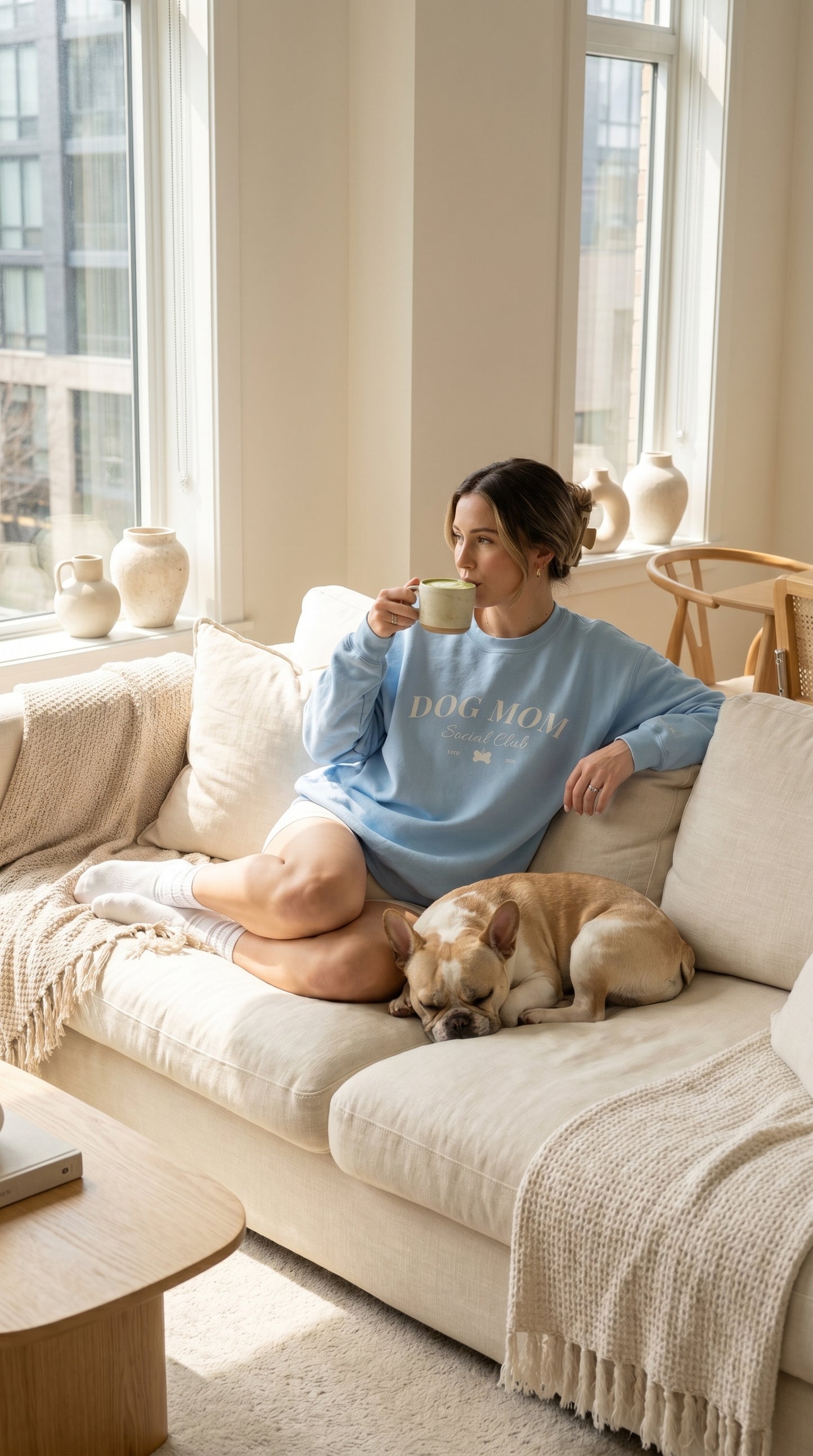Woman sitting on a couch with a dog, holding a mug, in a bright living room.