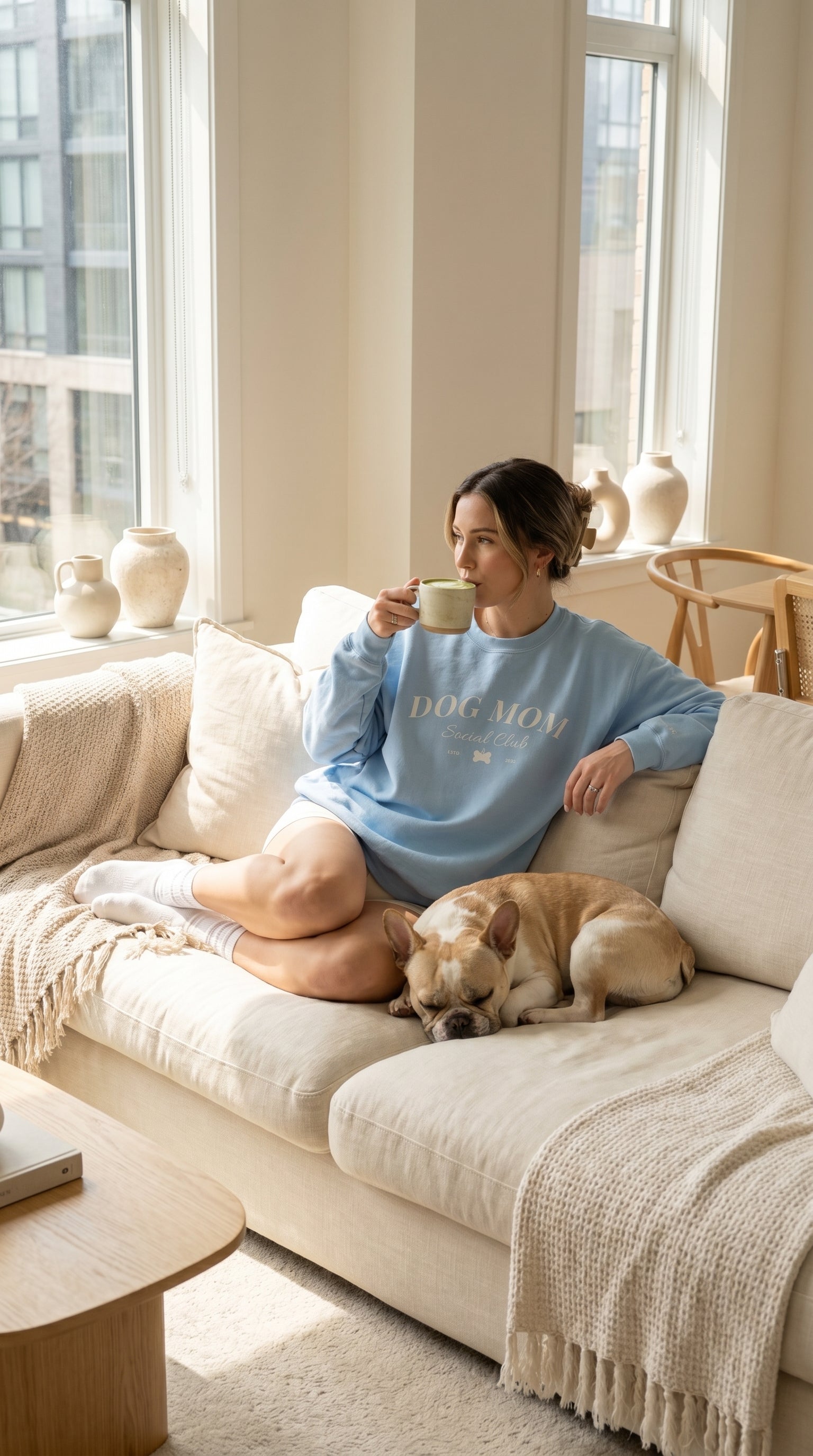Woman sitting on a couch with a dog, holding a mug, in a bright living room.