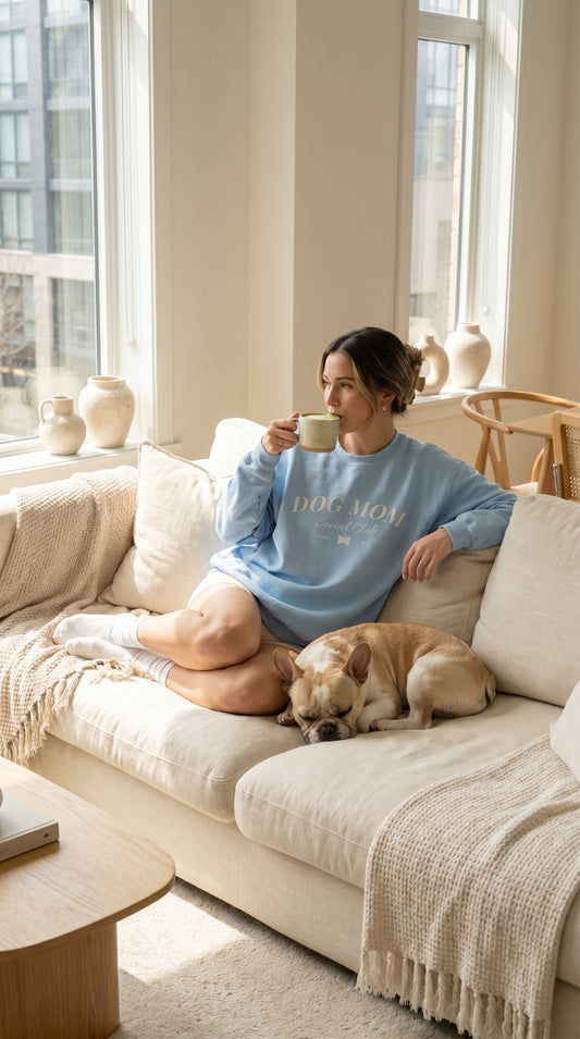 Woman sitting on a couch with a dog, holding a mug, in a bright living room.