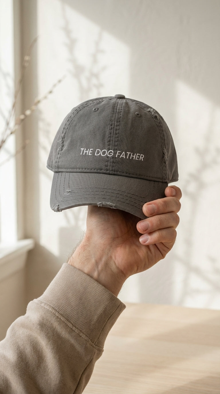 Person holding a cap with 'The Dog Father' text in front of a window.
