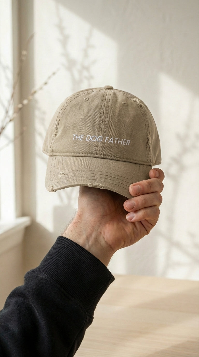Beige cap with 'The Dog Father' text held by a person against a neutral background