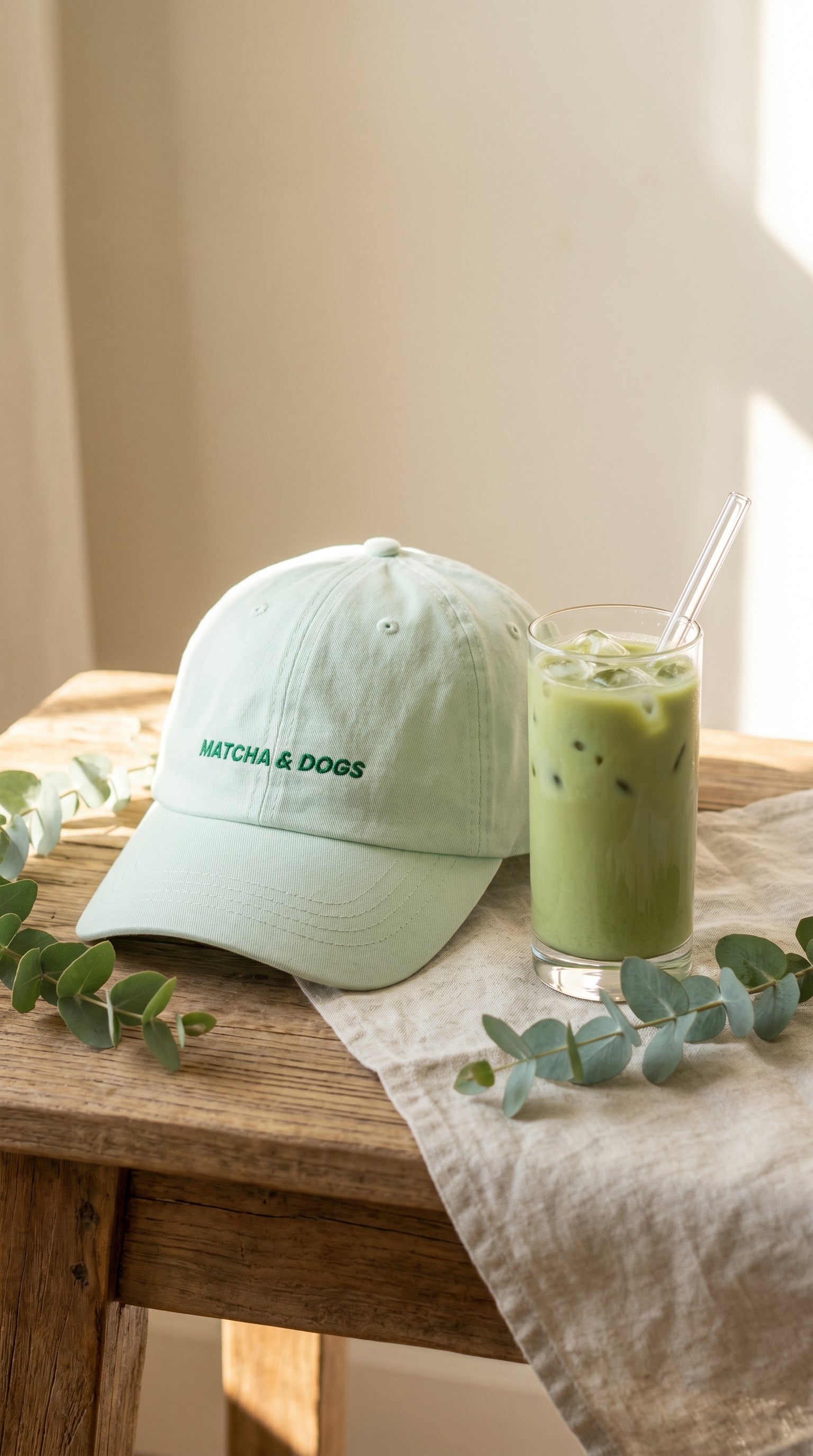 Light green cap and iced matcha green tea on a wooden table with eucalyptus leaves.