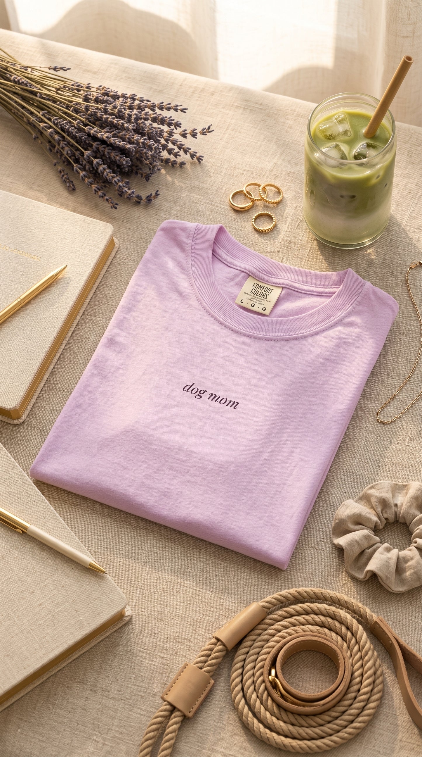 A folded light purple t-shirt with 'dog mom' printed in black script on the chest, styled in a cozy flat-lay arrangement with lavender, rings, a drink, and neutral accessories on a beige linen surface.