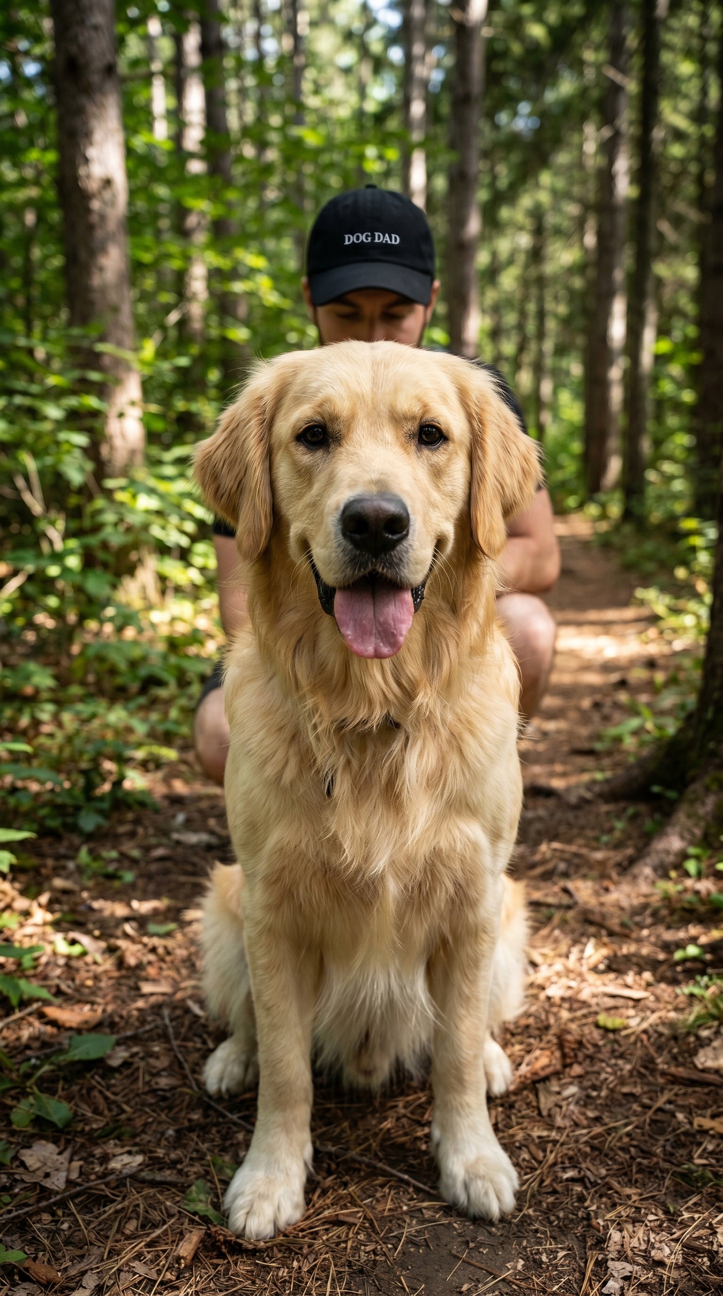 Dog sitting on a forest path with a person in the background