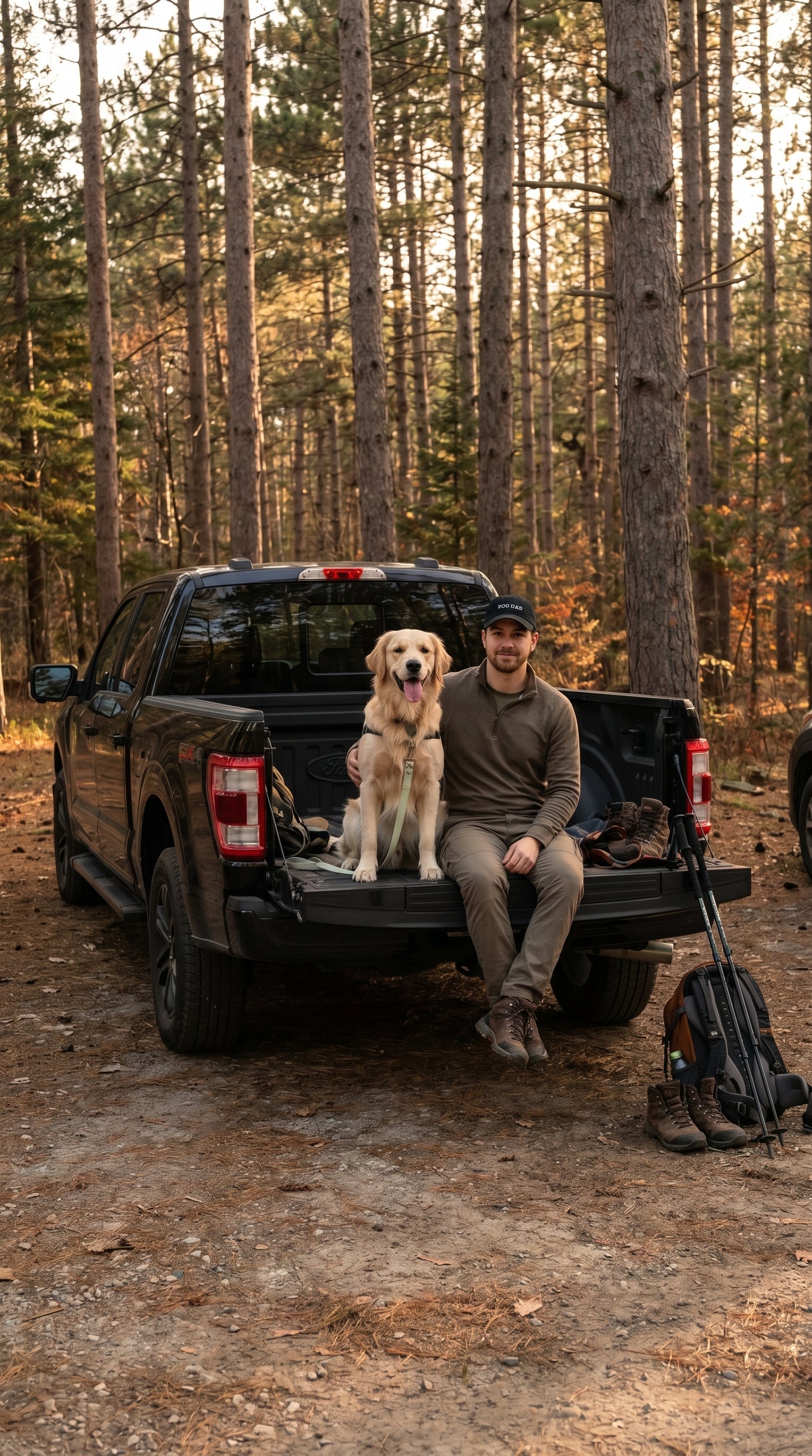 Man with a dog sitting on a truck bed in a forest