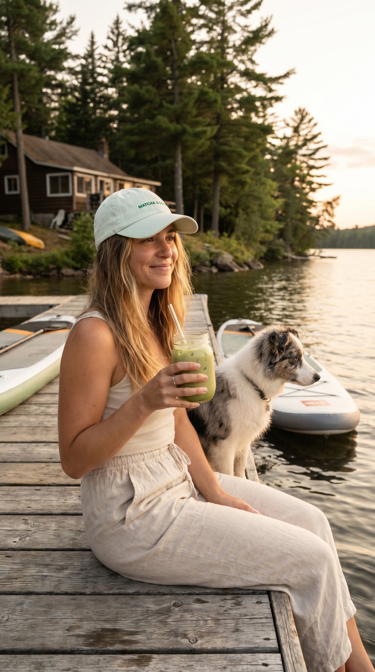 Woman sitting on a dock by a lake with a dog, holding a drink.