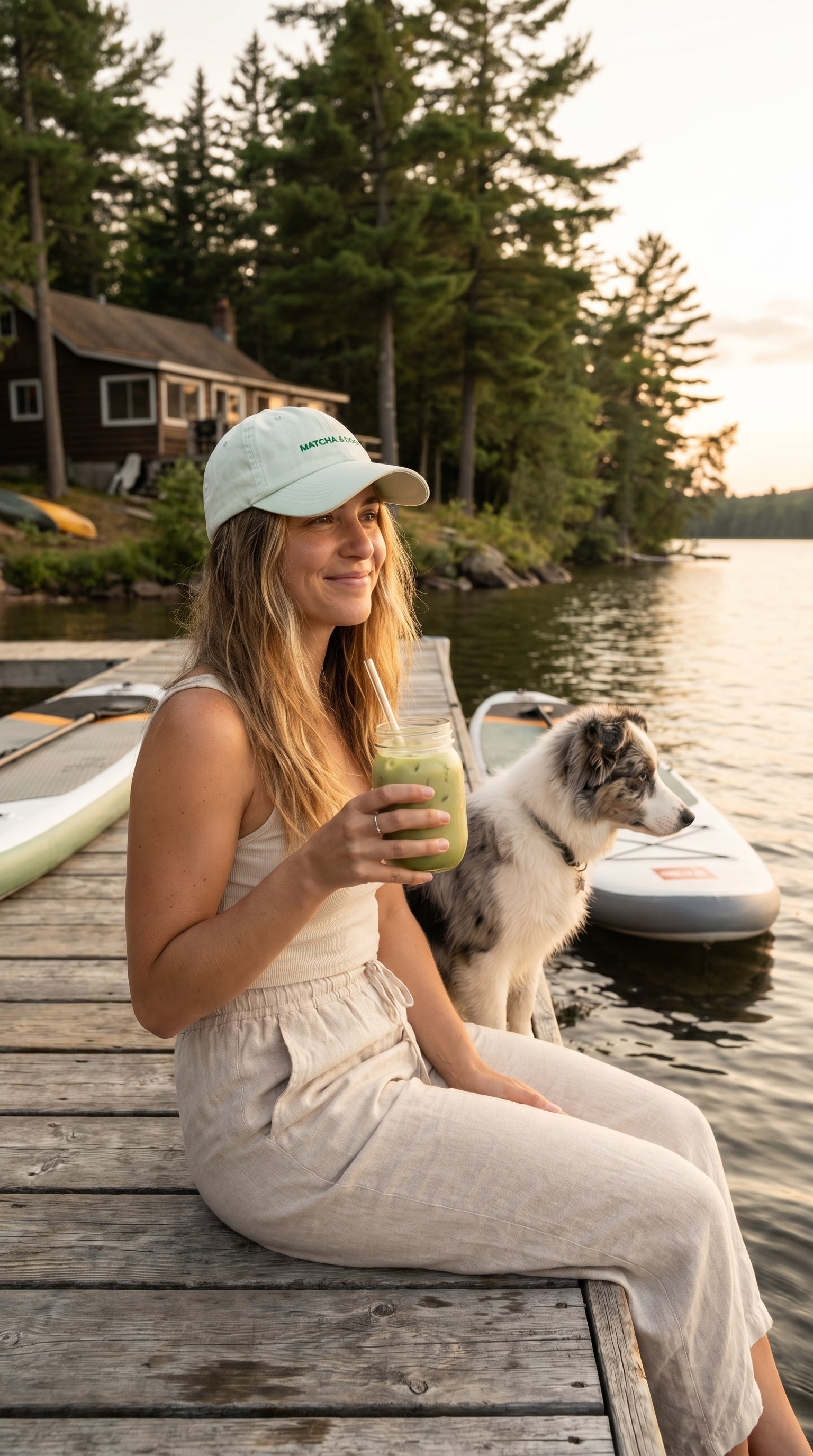 Woman sitting on a dock by a lake with a dog, holding a drink.