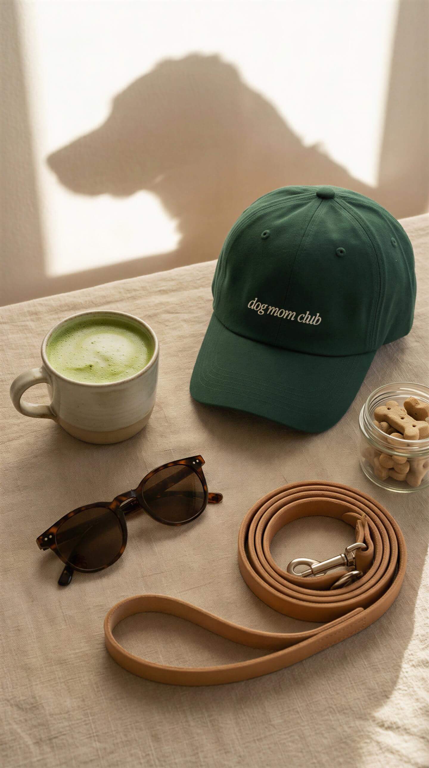 Green 'dog mom club' cap, mug with green beverage, sunglasses, brown leather leash, and glass jar with dog treats on a light surface.