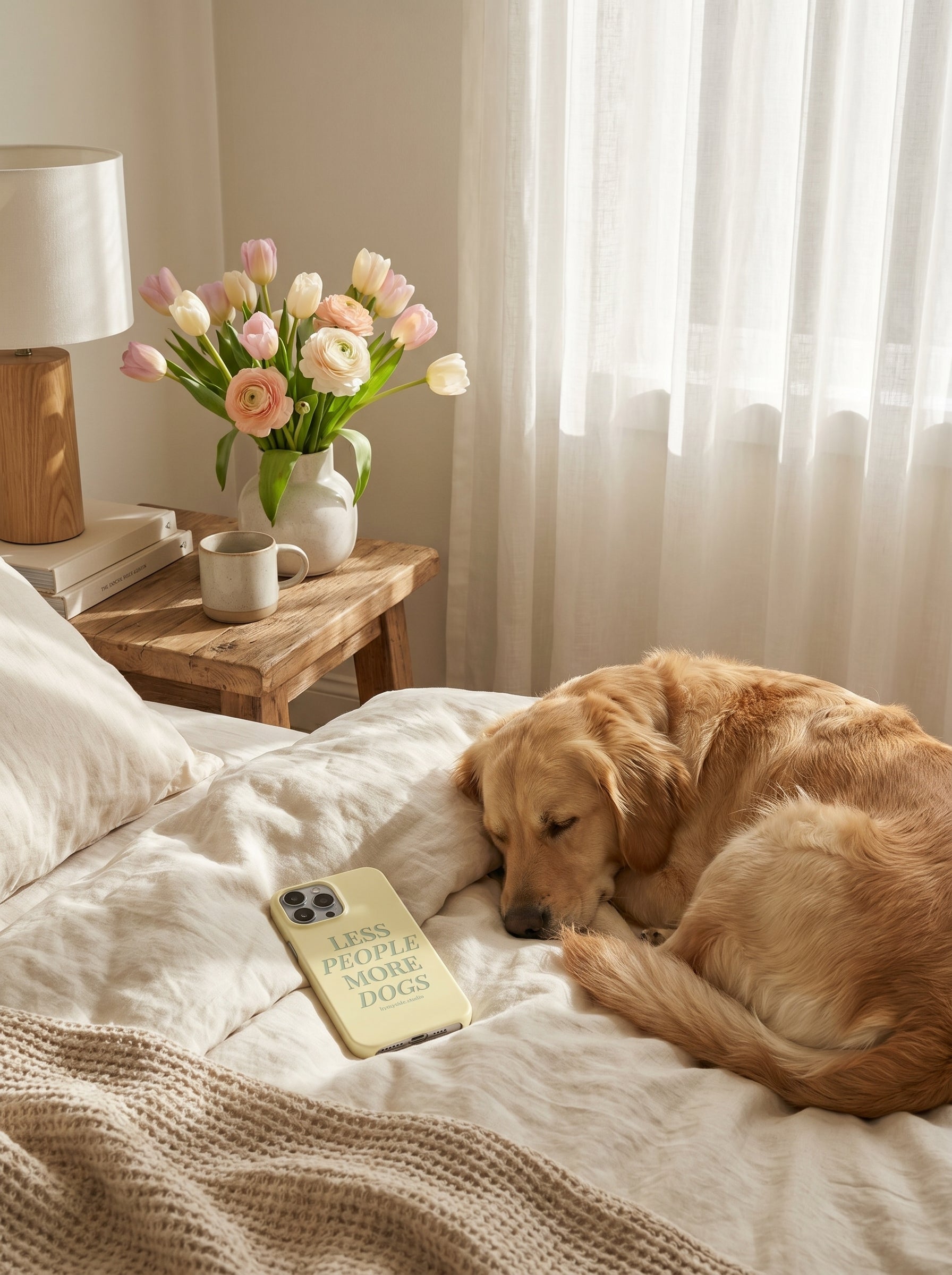 Pastel yellow “Less People More Dogs” iPhone case resting on cream bedding beside a sleeping dog in soft morning light.