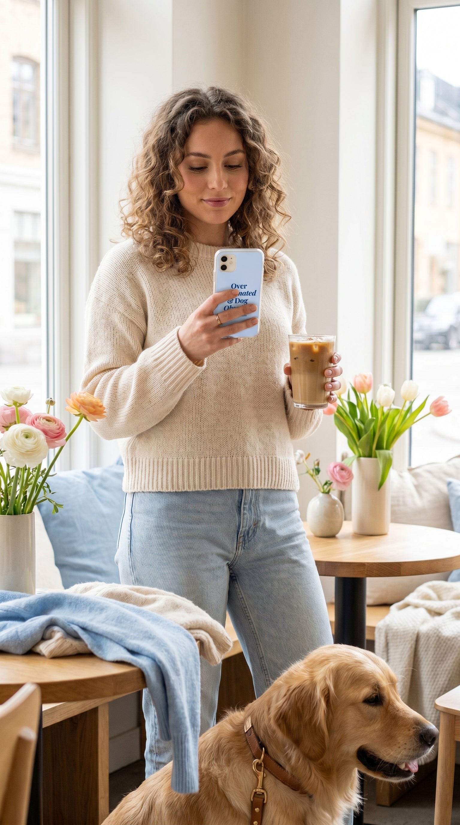 Woman holding a pastel blue “Over Caffeinated & Dog Obsessed” iPhone case beside an iced coffee in a bright spring coffee shop.