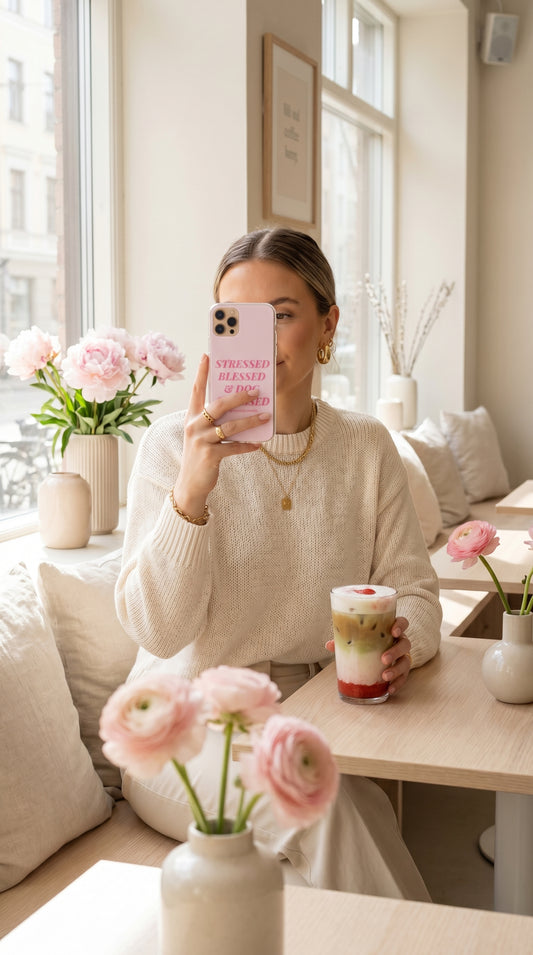 Woman holding a pastel pink “Stressed Blessed & Dog Obsessed” iPhone case beside an iced matcha latte in a bright spring café.
