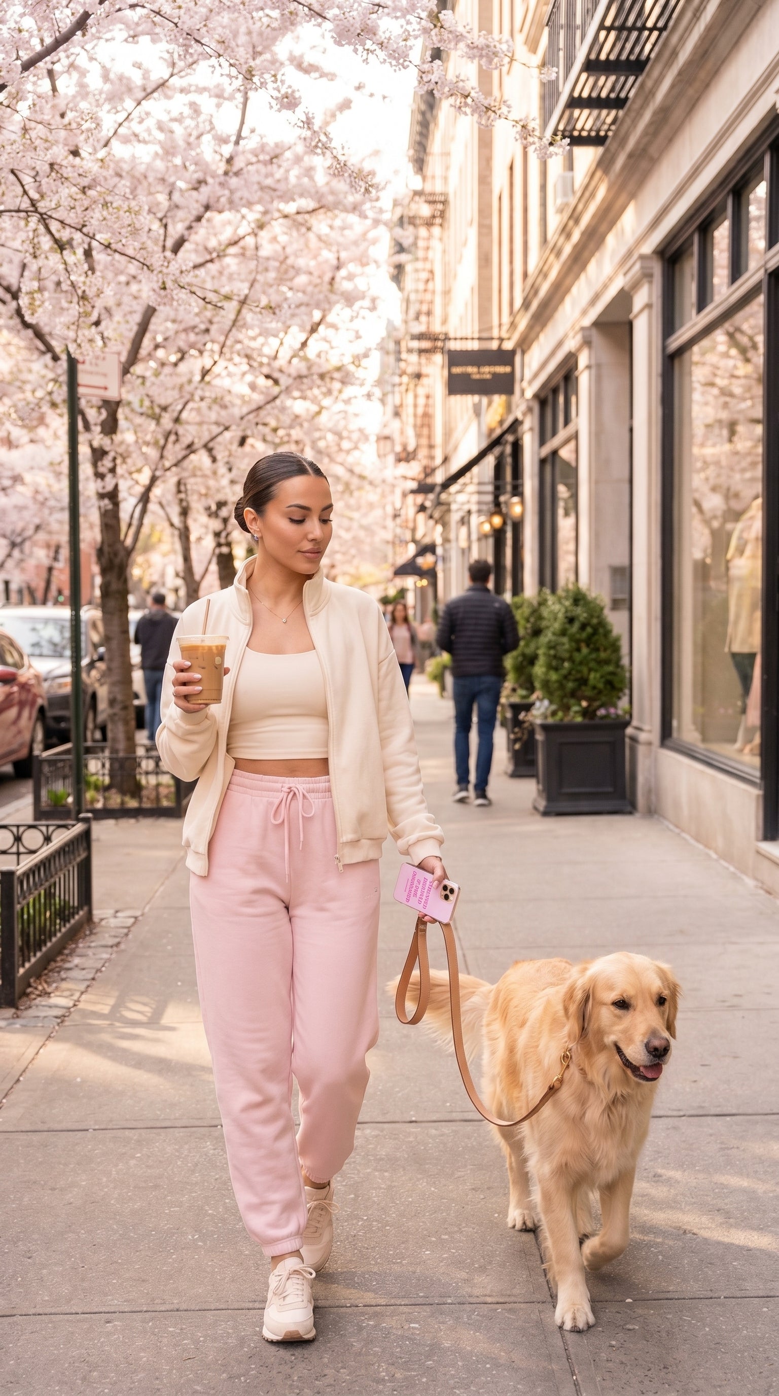 Woman walking with her dog and iced coffee while holding a pastel pink “Stressed Blessed & Dog Obsessed” iPhone case.