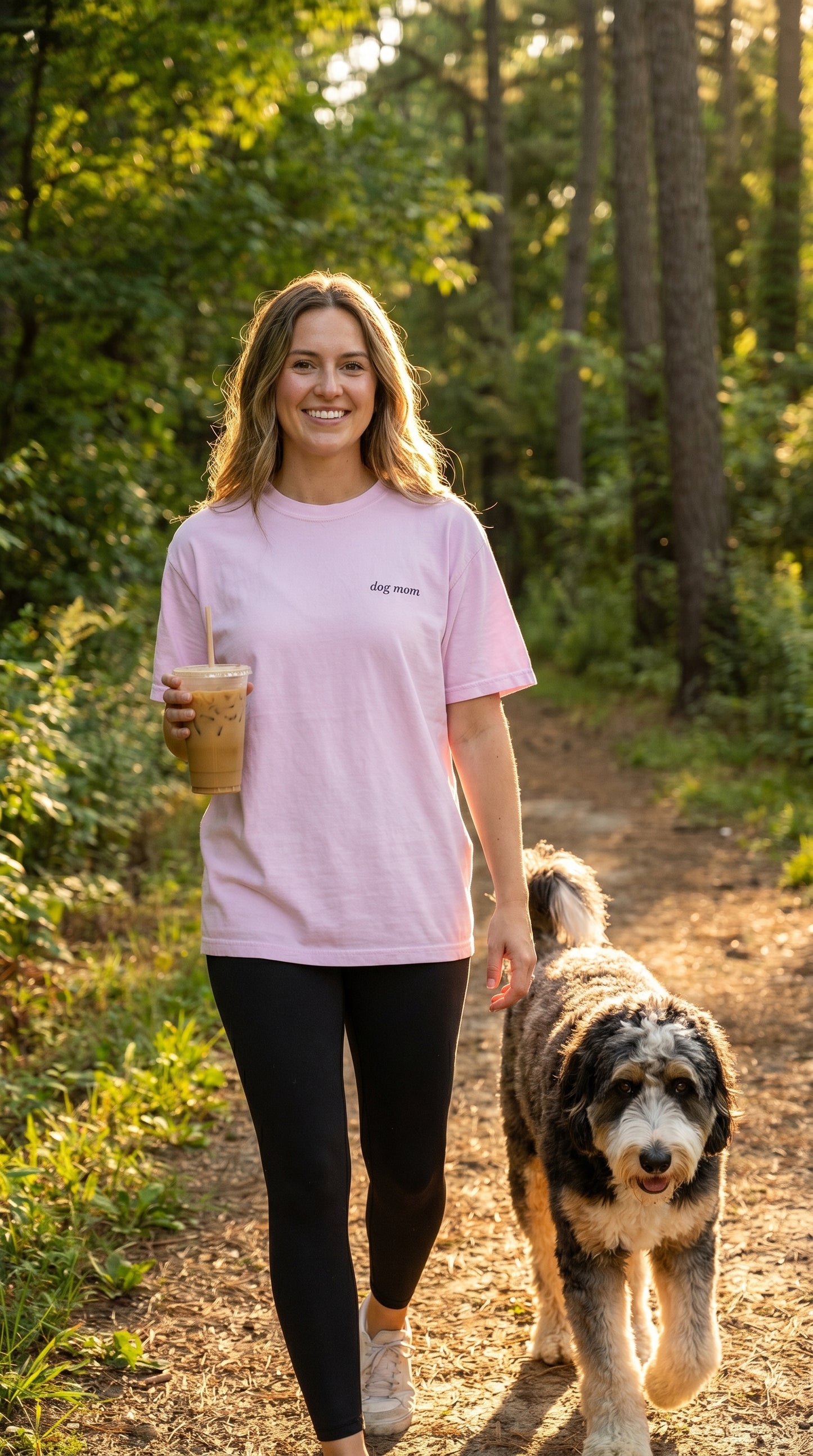 Woman walking a dog on a path in a forest, holding a drink.