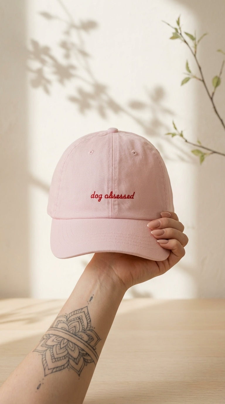 Pink cap with 'dog obsessed' text held by a person with a tattoo, against a neutral background.