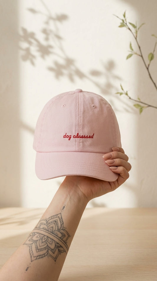Pink cap with 'dog obsessed' text held by a person with a tattoo, against a neutral background.