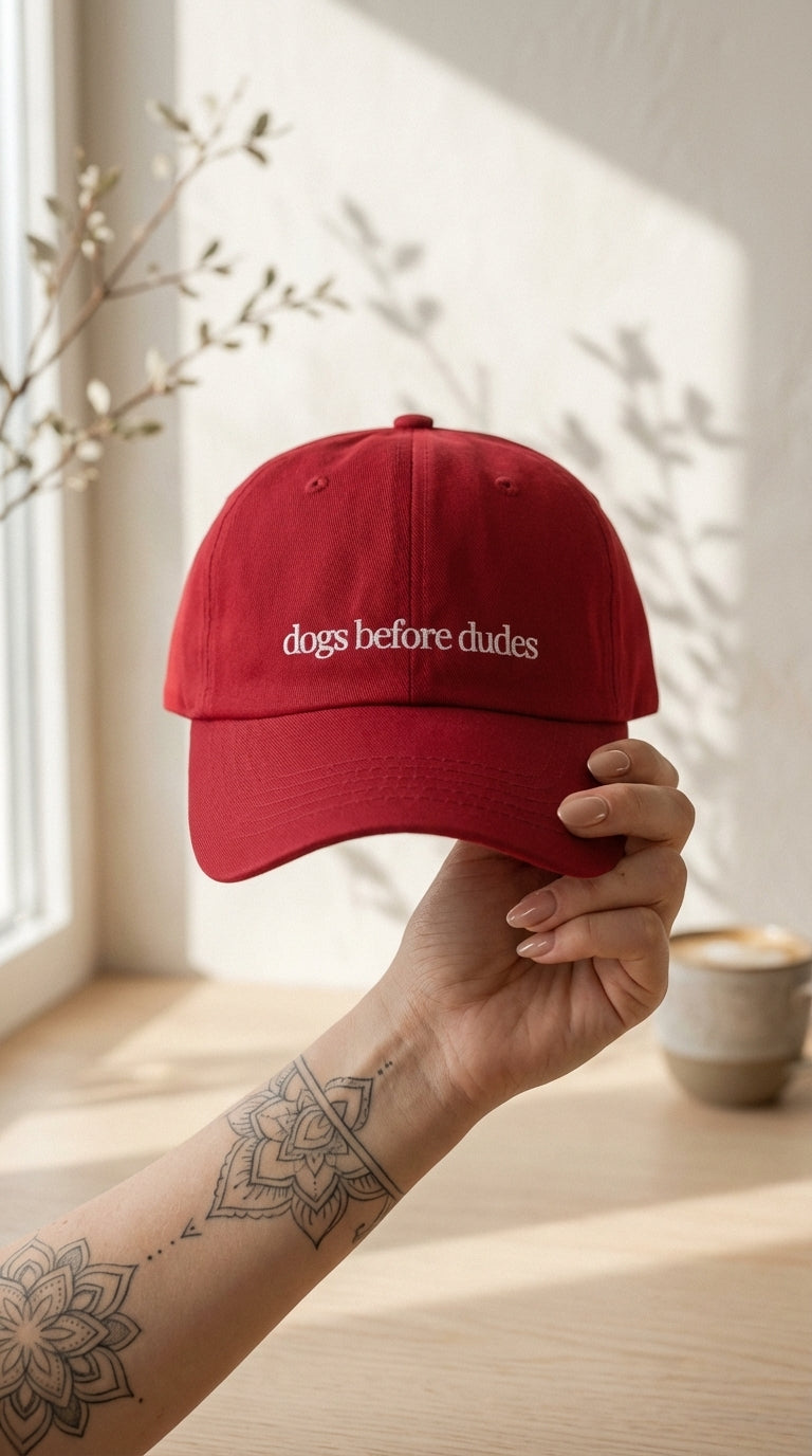 Red cap with 'dogs before dudes' text held by a hand with tattoos, against a neutral background.