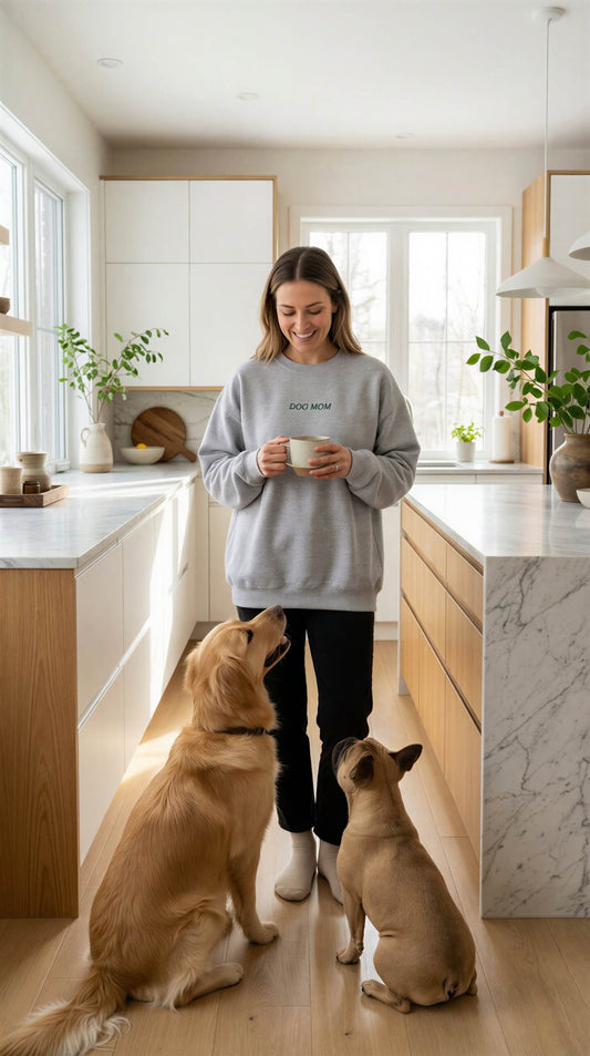 Woman in a kitchen holding a mug with two dogs sitting on the floor.