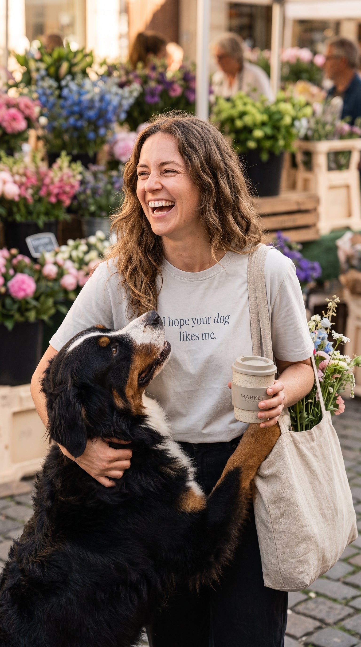 A woman smiling and laughing while hugging a Bernese mountain dog at a flower market. She is wearing a light gray t-shirt with the text 'I hope your dog likes me.