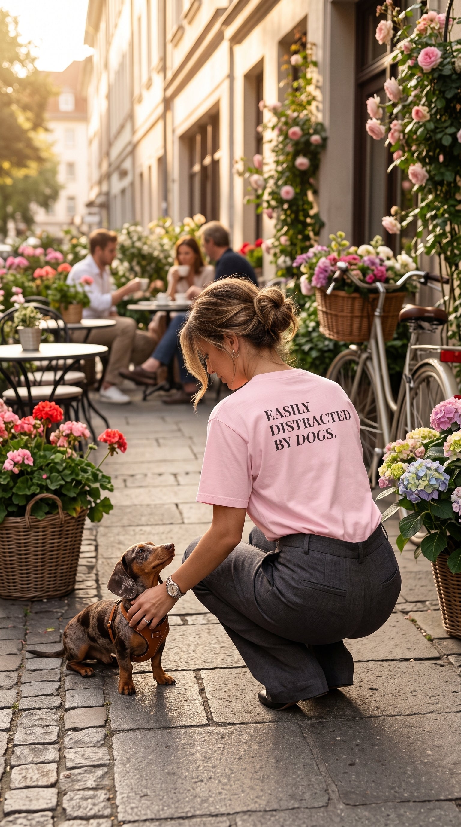 A woman crouches on a cobblestone street in front of a flower-lined cafe, wearing a pink t-shirt with the text 'EASILY DISTRACTED BY DOGS' and dark gray pants, while petting a dachshund.