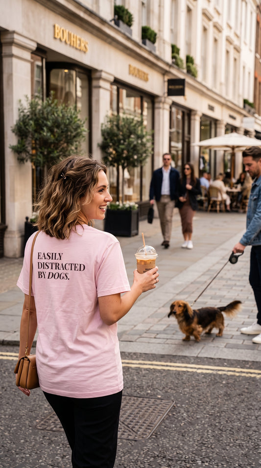 A woman walking on a city street wearing a light pink t-shirt with the text 'EASILY DISTRACTED BY DOGS.' printed on the back.