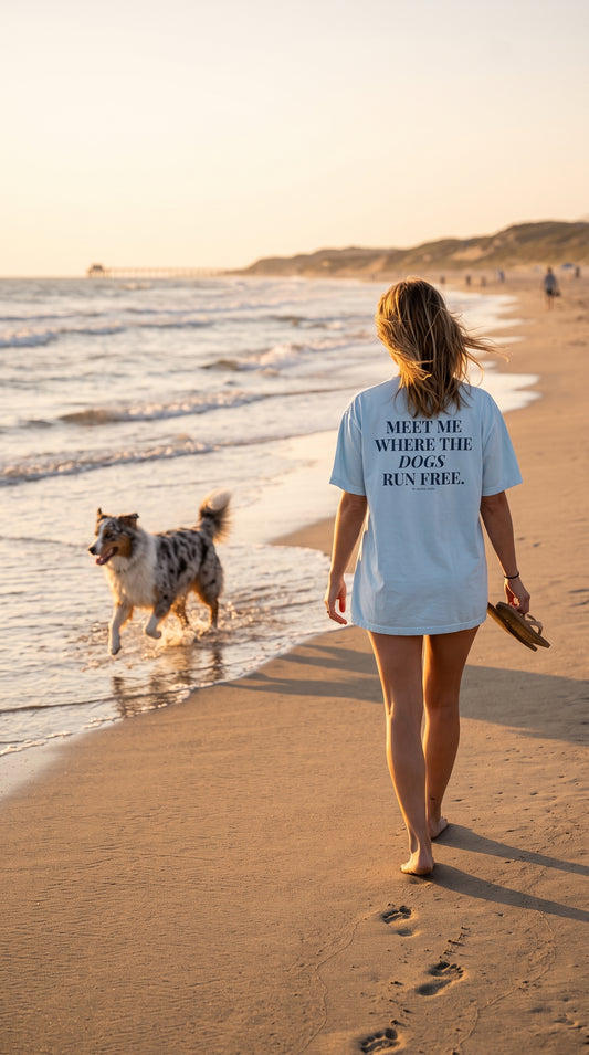 A woman walks barefoot on a sandy beach at sunset, seen from behind, wearing a light blue oversized T-shirt with the text 'MEET ME WHERE THE DOGS RUN FREE.' A dog runs along the shoreline nearby.