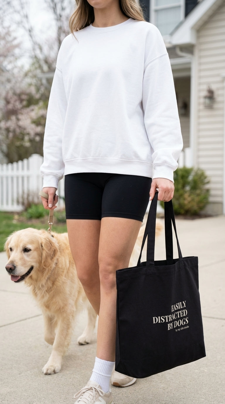 Person walking a dog with a black tote bag, wearing a white sweatshirt and black shorts.