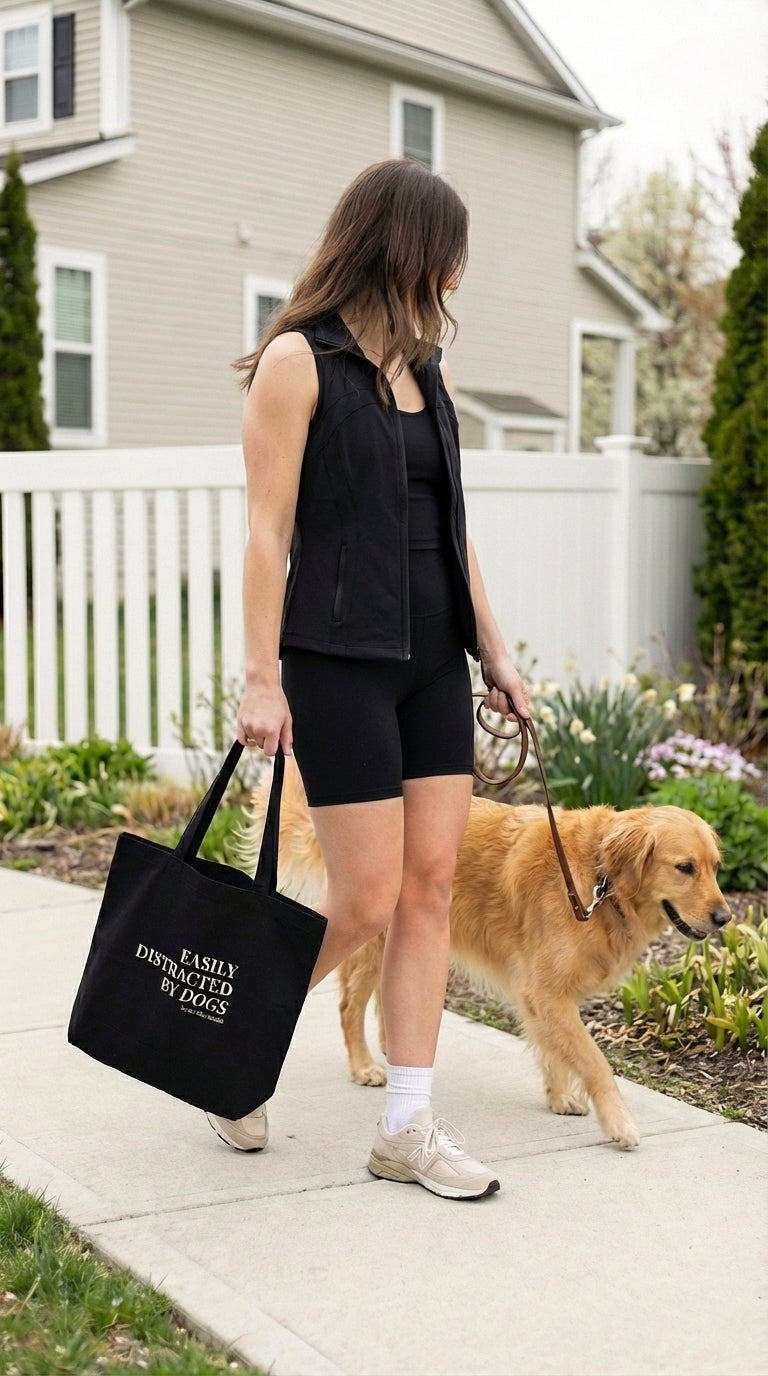 Woman walking a dog on a leash with a black tote bag in a residential area