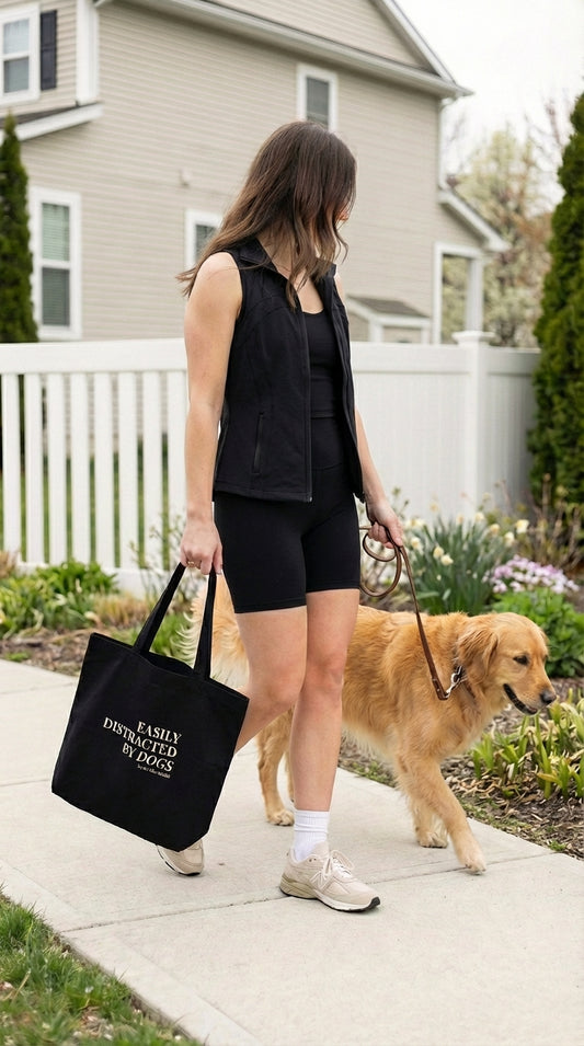 Woman walking a dog on a leash with a black tote bag in a residential area