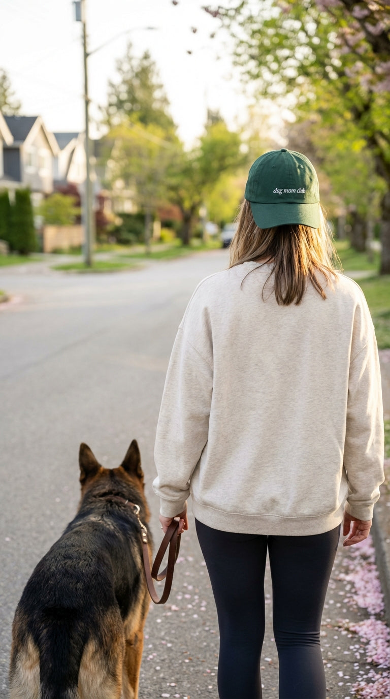 Person walking a dog on a suburban street