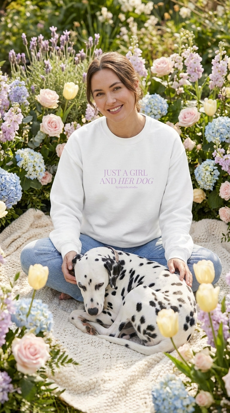Woman sitting with a Dalmatian dog in a garden of flowers