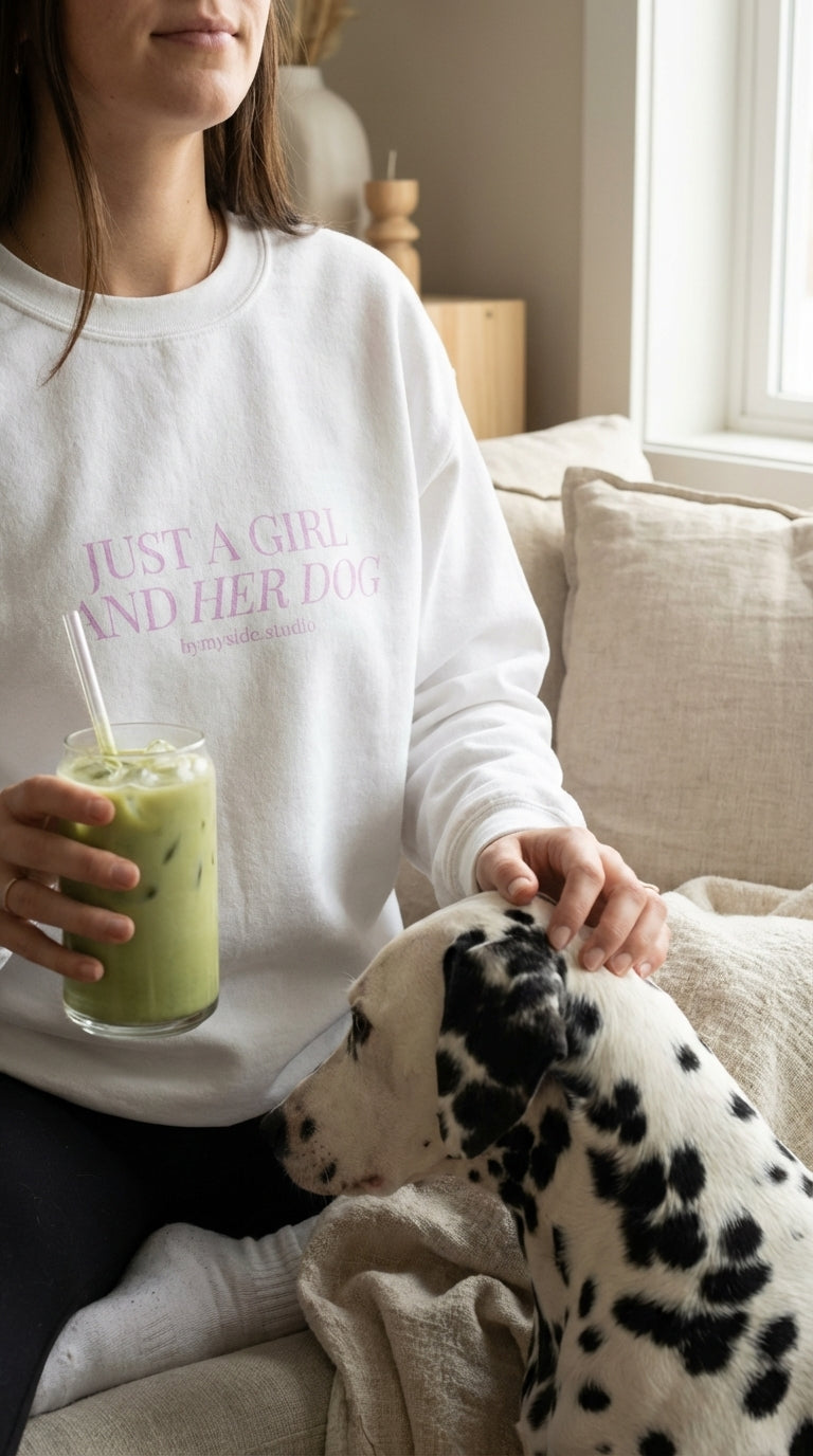 Person wearing a white sweatshirt with text, holding a drink and petting a dog on a couch.