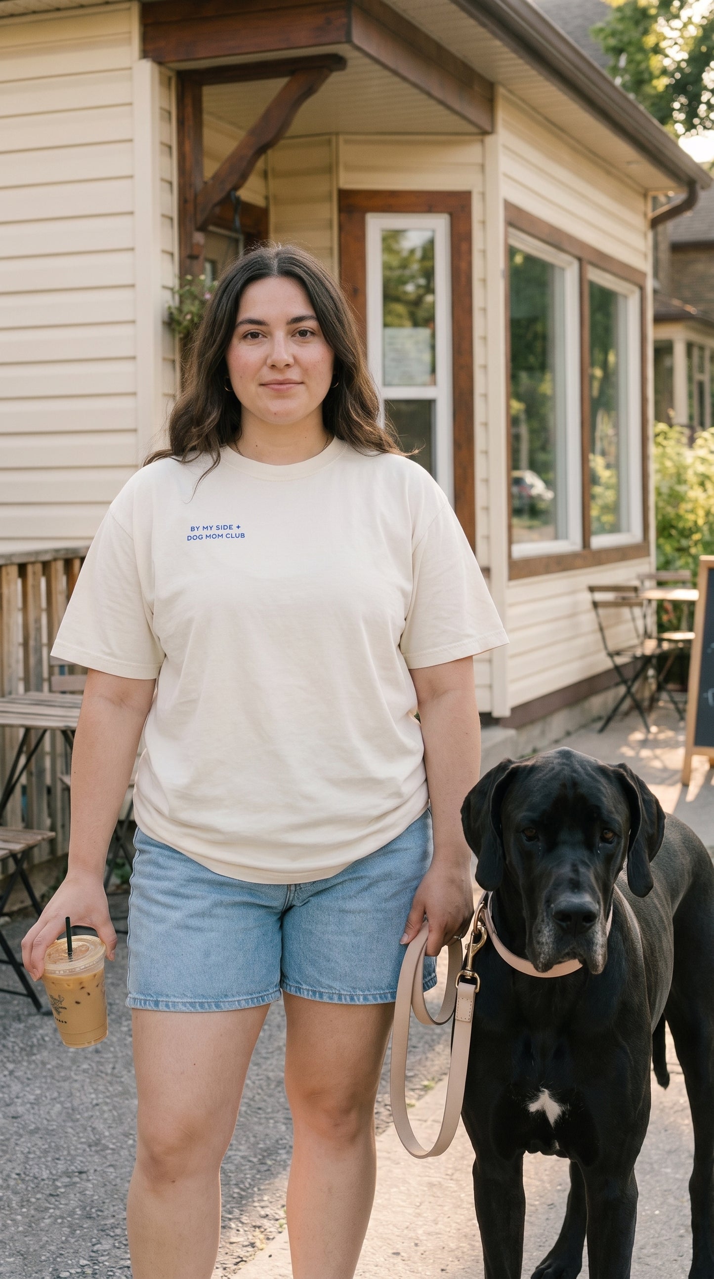 A woman stands outdoors in front of a beige house, wearing a cream-colored t-shirt with a small blue logo on the left chest and denim shorts. She is holding an iced coffee and standing next to a large black dog on a leash.