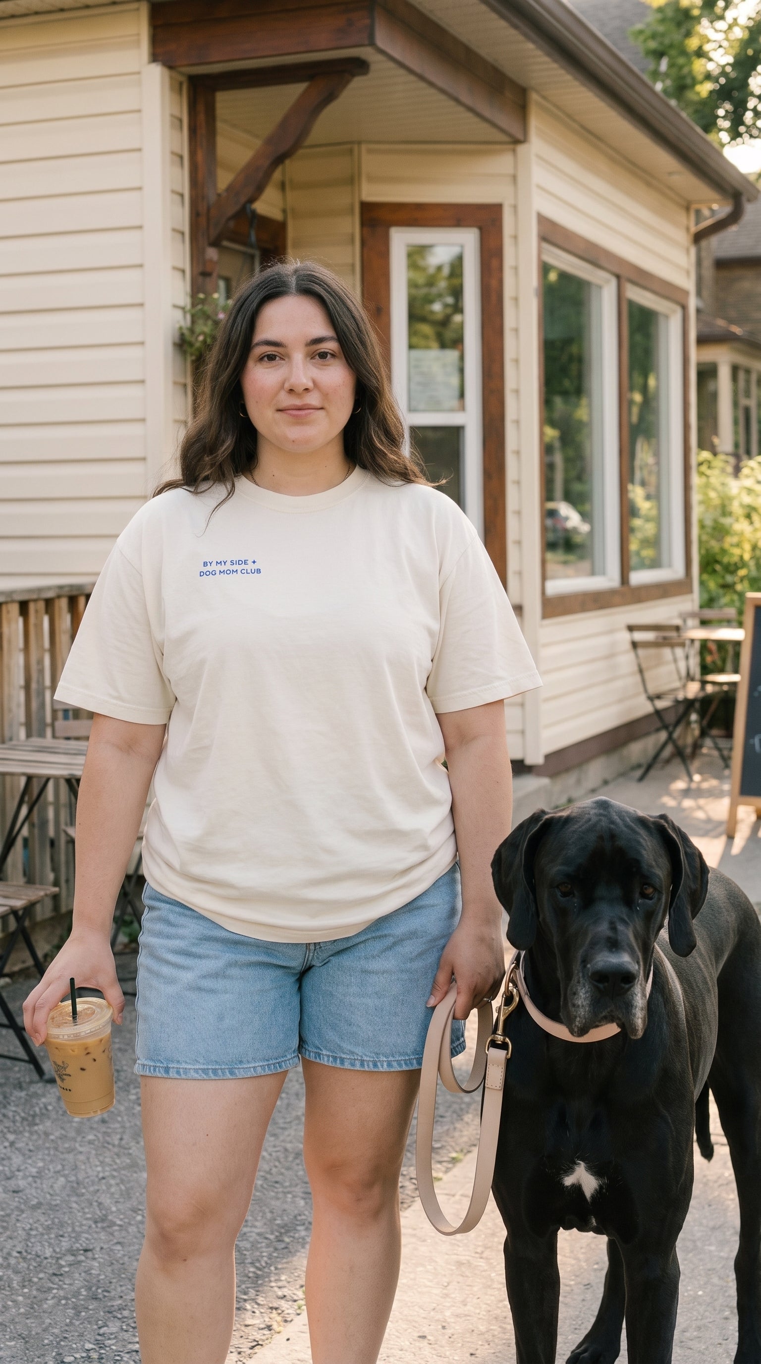 A woman stands outdoors in front of a beige house, wearing a cream-colored t-shirt with a small blue logo on the left chest and denim shorts. She is holding an iced coffee and standing next to a large black dog on a leash.