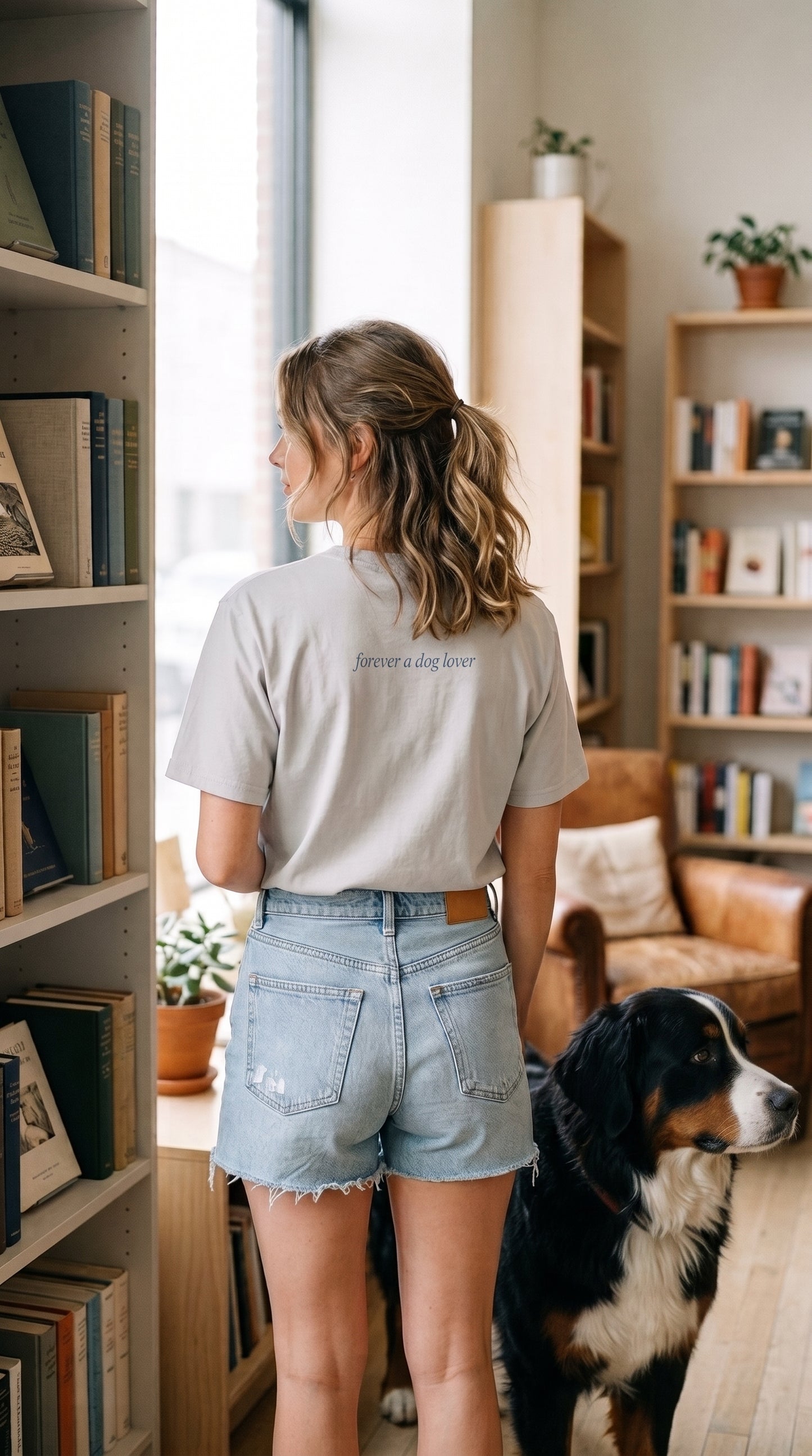 A woman stands with her back to the camera wearing a light gray t-shirt with 'forever a dog lover' printed on the back, paired with light-wash denim shorts. She is in a cozy, sunlit room with bookshelves and a Bernese mountain dog sitting beside her.