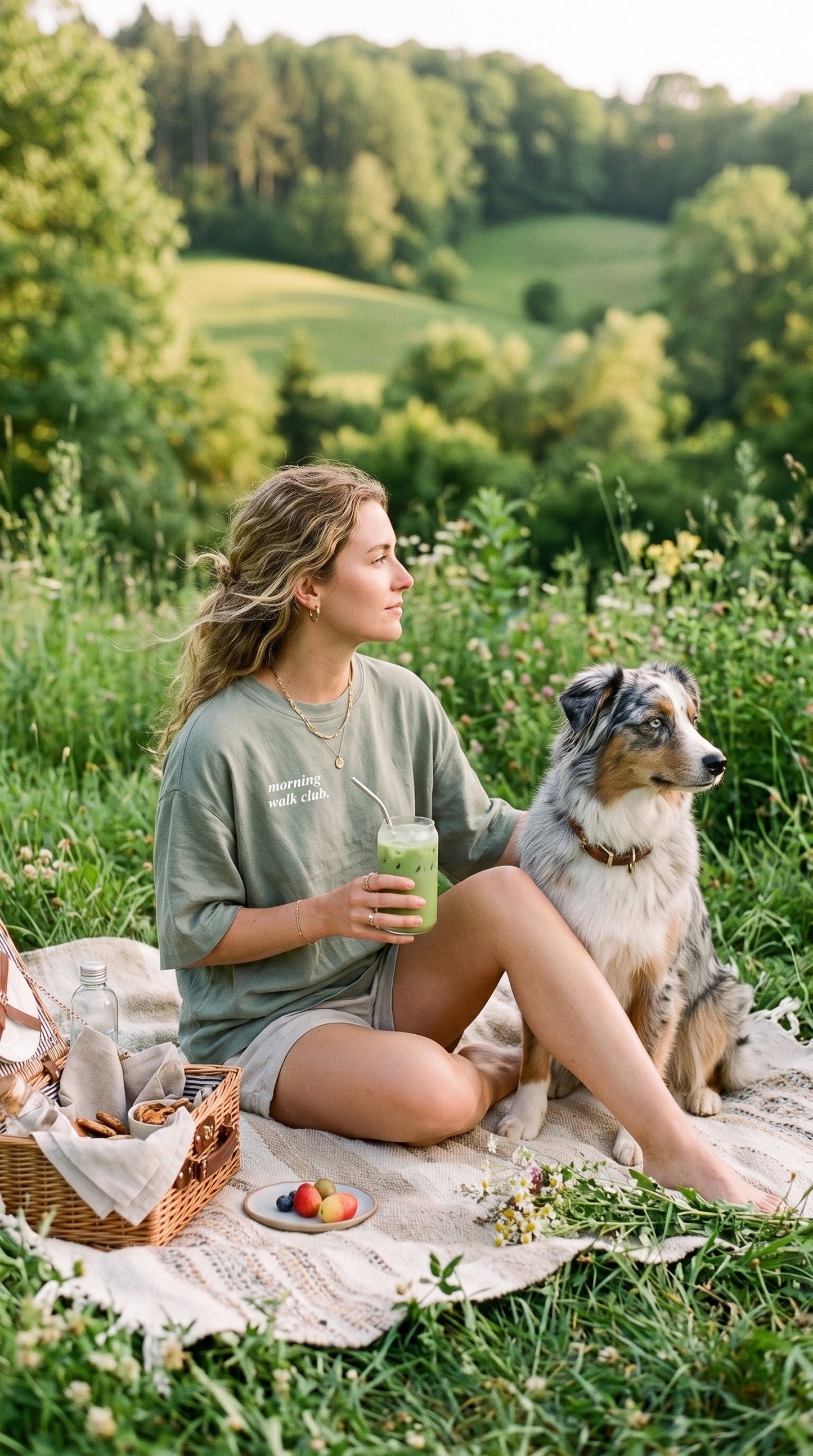 A woman sitting on a blanket in a grassy field with her dog, holding a green drink. She is wearing a sage green t-shirt and shorts, with a picnic basket and strawberries nearby.