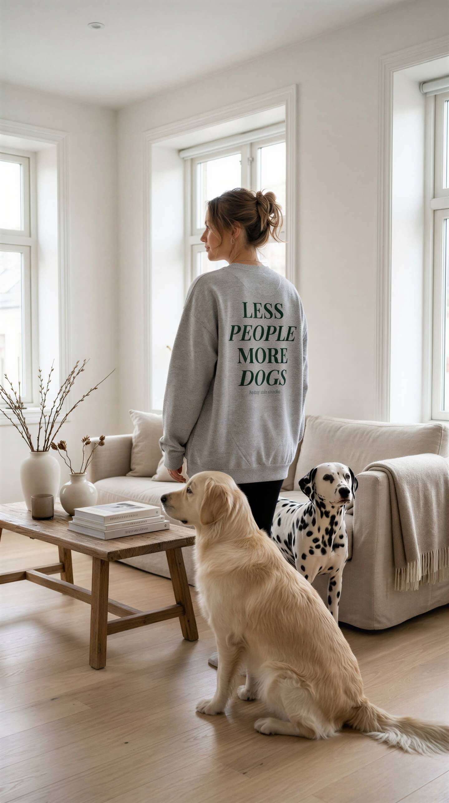 Woman in a living room with two dogs, one of which is wearing a sweater with text.