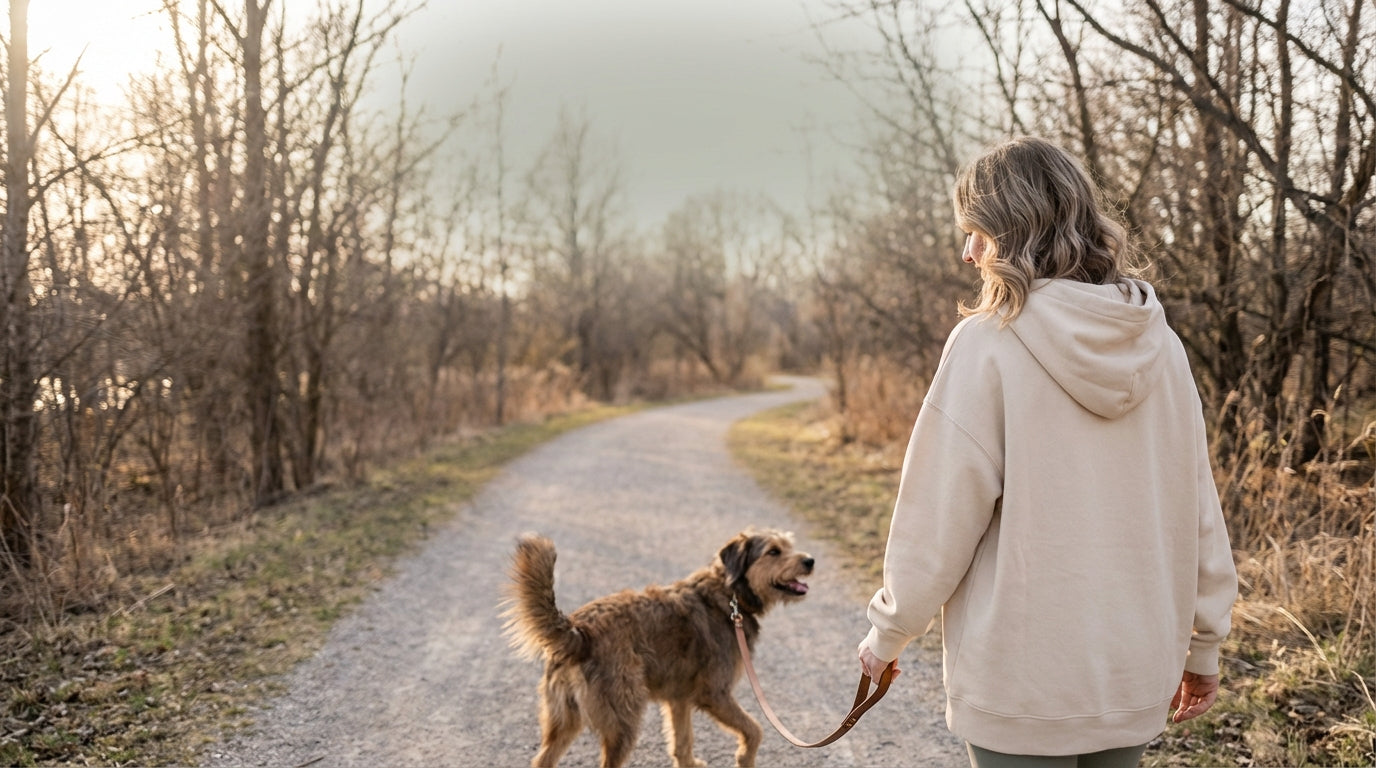 Woman walking a dog on a path in a forest during autumn wearing a comfy oversized hoodie
